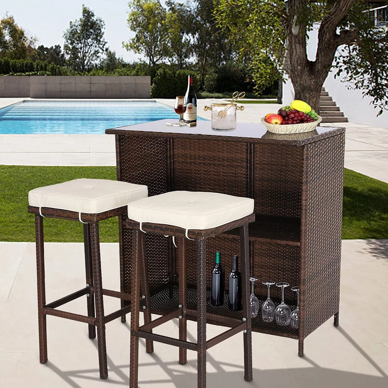 Outdoor Bar Furniture, 3 Piece Patio Bar Set, Brown Rattan Bar with Storage, 2 Beige Stool Cushions