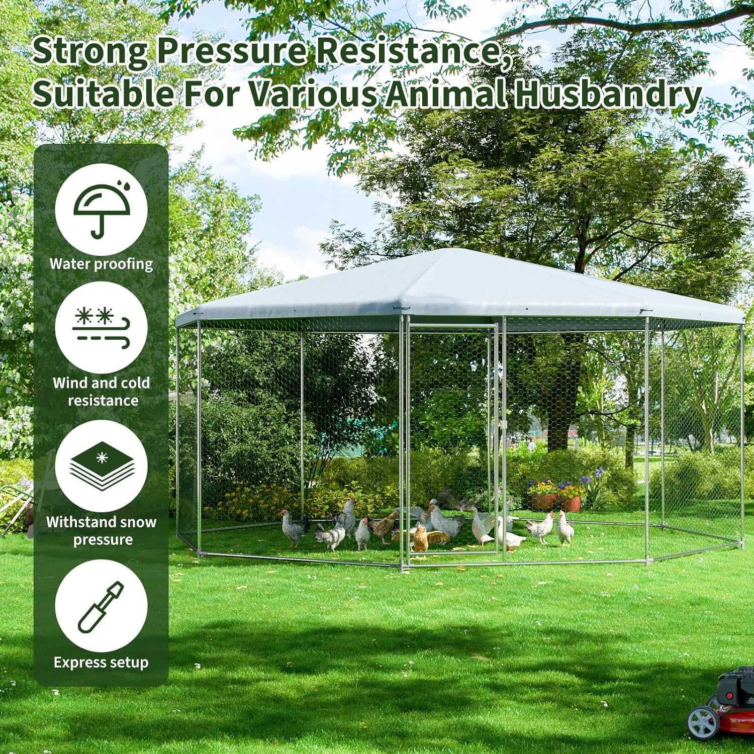 DAKITO Chicken Coop,Large Metal Chicken Run Pen Suitable for All Seasons,Walk in Chicken Coops for 6/10 Chickens,Hexagonal Chicken House with Waterproof & Anti-UV Cover for Backyard