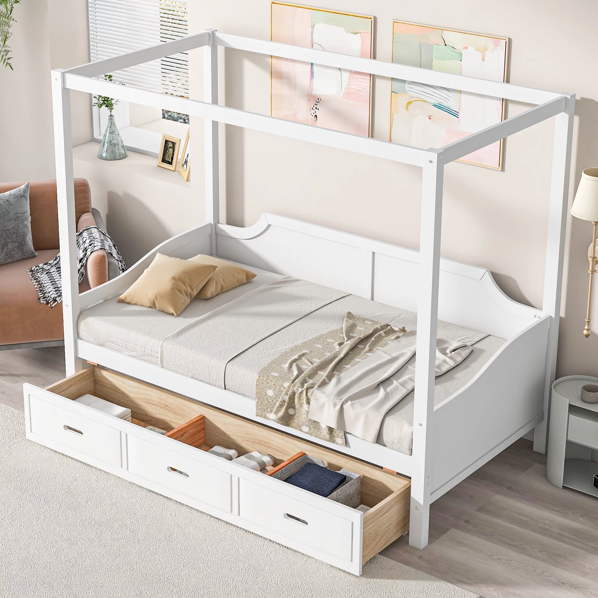 Euroco Twin Size Canopy Daybed with 3 in 1 Drawer and Slat Support Leg for Kids Bedroom, Solid House Bed, White