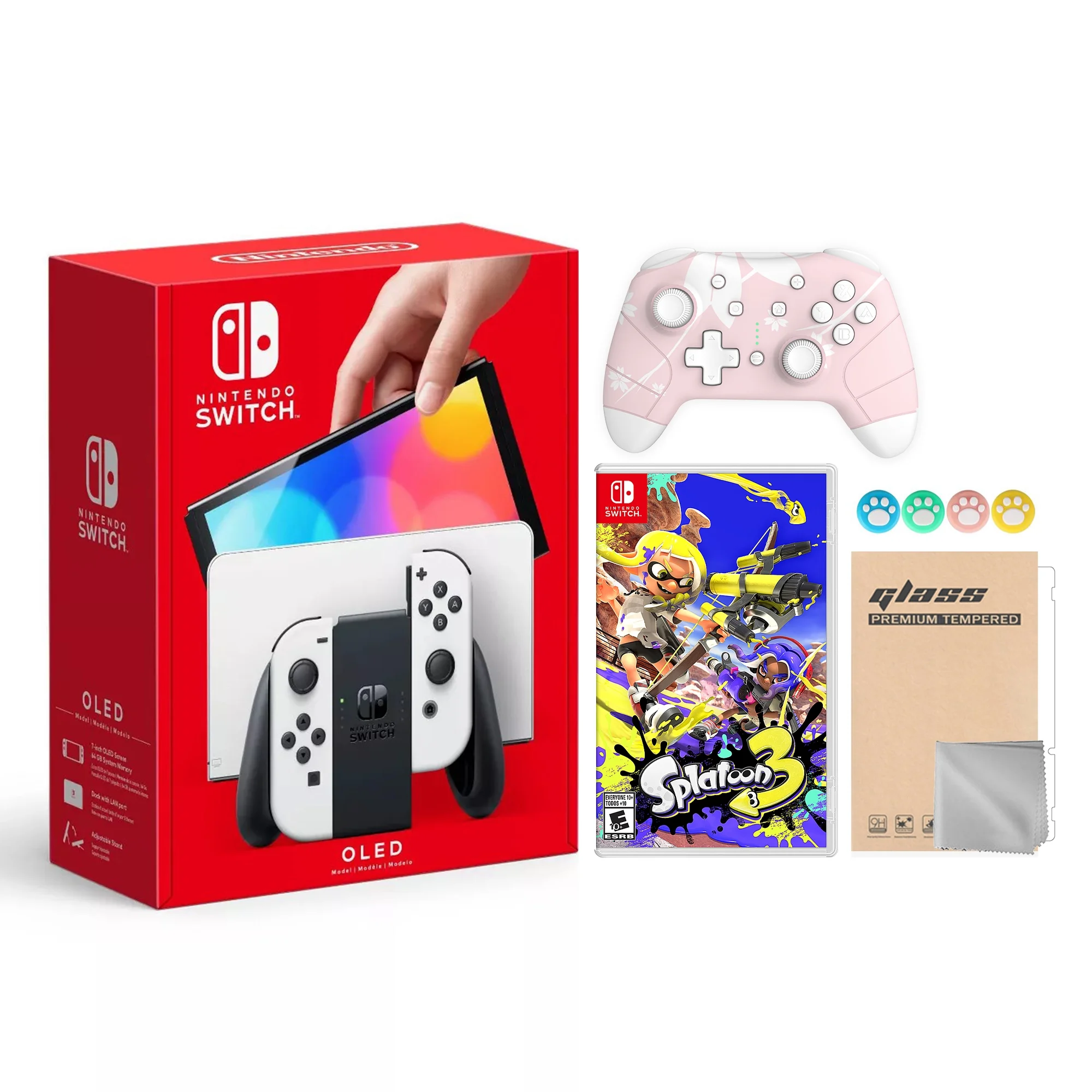 2022 New Nintendo Switch OLED Model White Joy Con 64GB Console with Splatoon 3 Game, Improved HD Screen & LAN-Port Dock, Mytrix Sakura Pink Wireless Pro Controller and Accessories