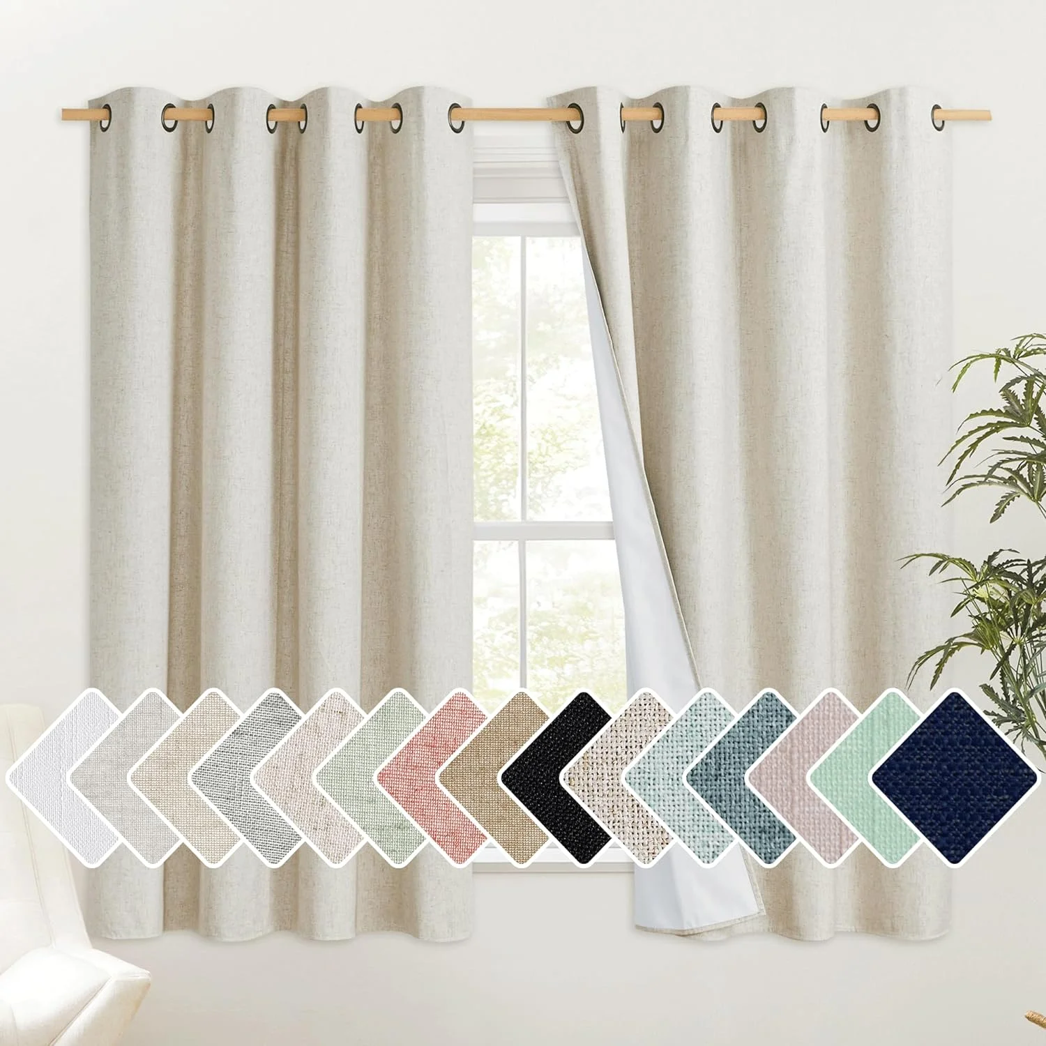 NICETOWN Natural 100% Blackout Linen Short Kitchen Curtains 63 inch Long 52