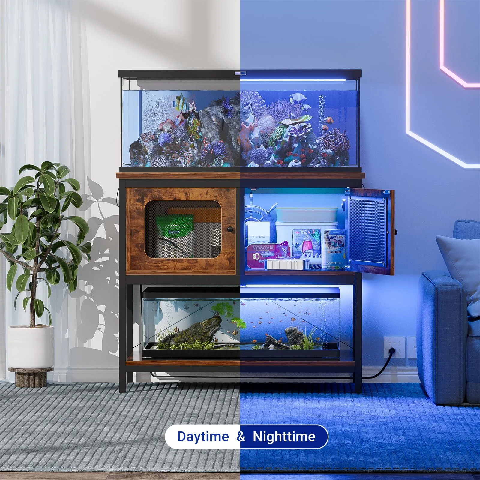 Homieasy Aquarium Stand with LED Light and Sockets, 40-50 Gallon Metal Fish Tank Stand Combo Set with Cabinet and Mesh Door, Reptile Tank Turtle Stand with Accessories Storage, Rustic Brown