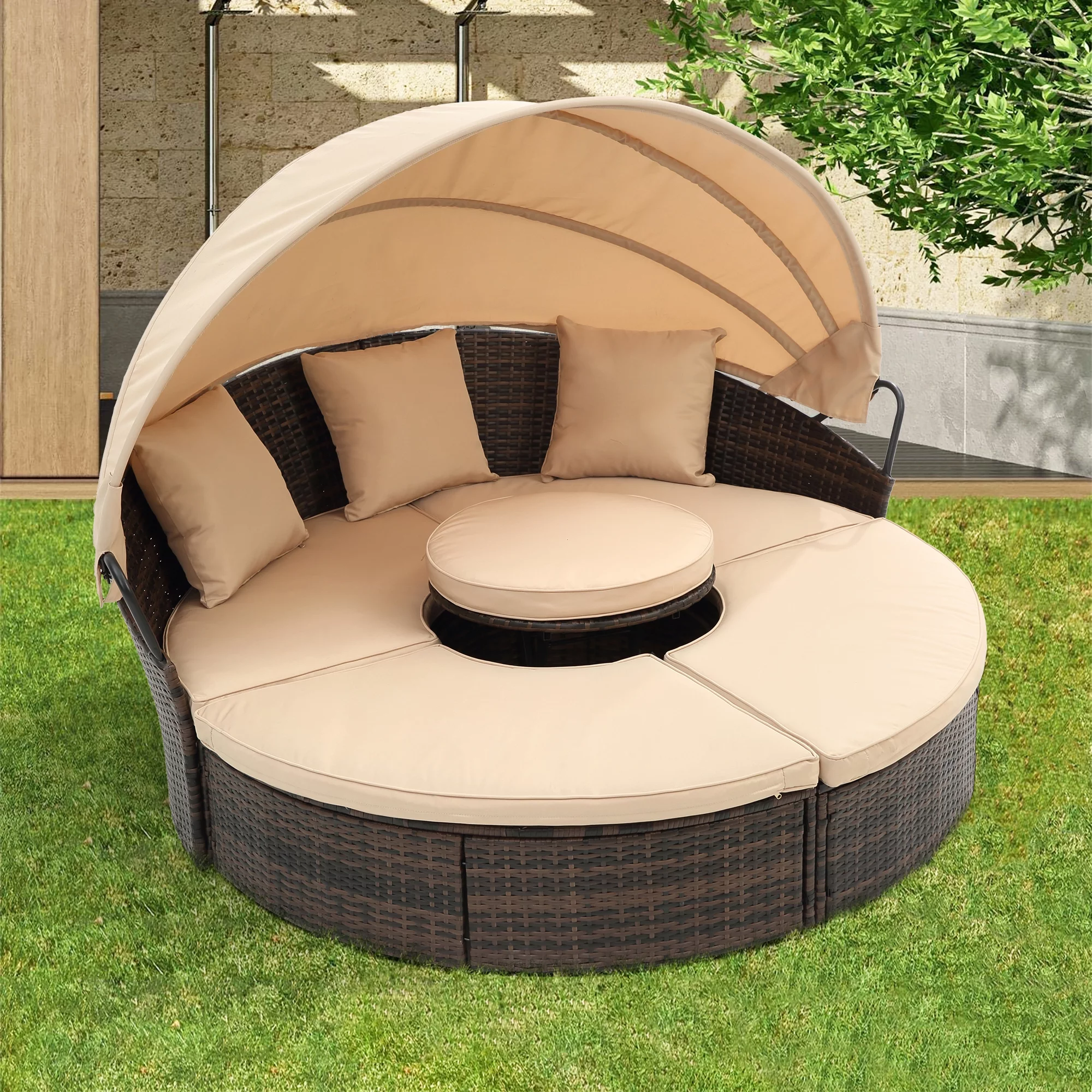 SZLIZCCC Outdoor Patio Daybed with Retractable Canopy, Rattan KD Wicker Daybed Outdoor with Lift Coffee Table, Round Patio Furniture Patio Bed for Lawn Garden Backyard Porch Pool