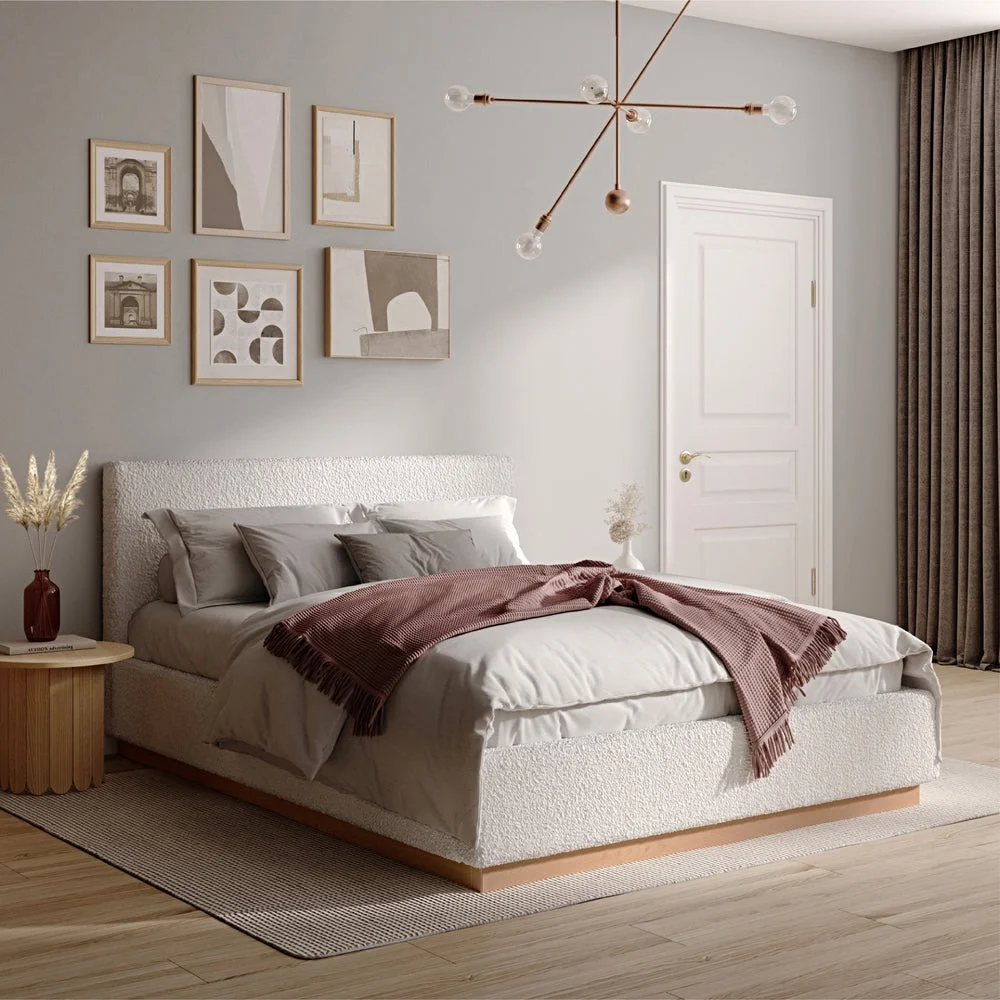 DG Casa Porter Queen Boucle Platform Bed - No Box Spring Needed - Soft Fabric Upholstery - Natural Finish Base