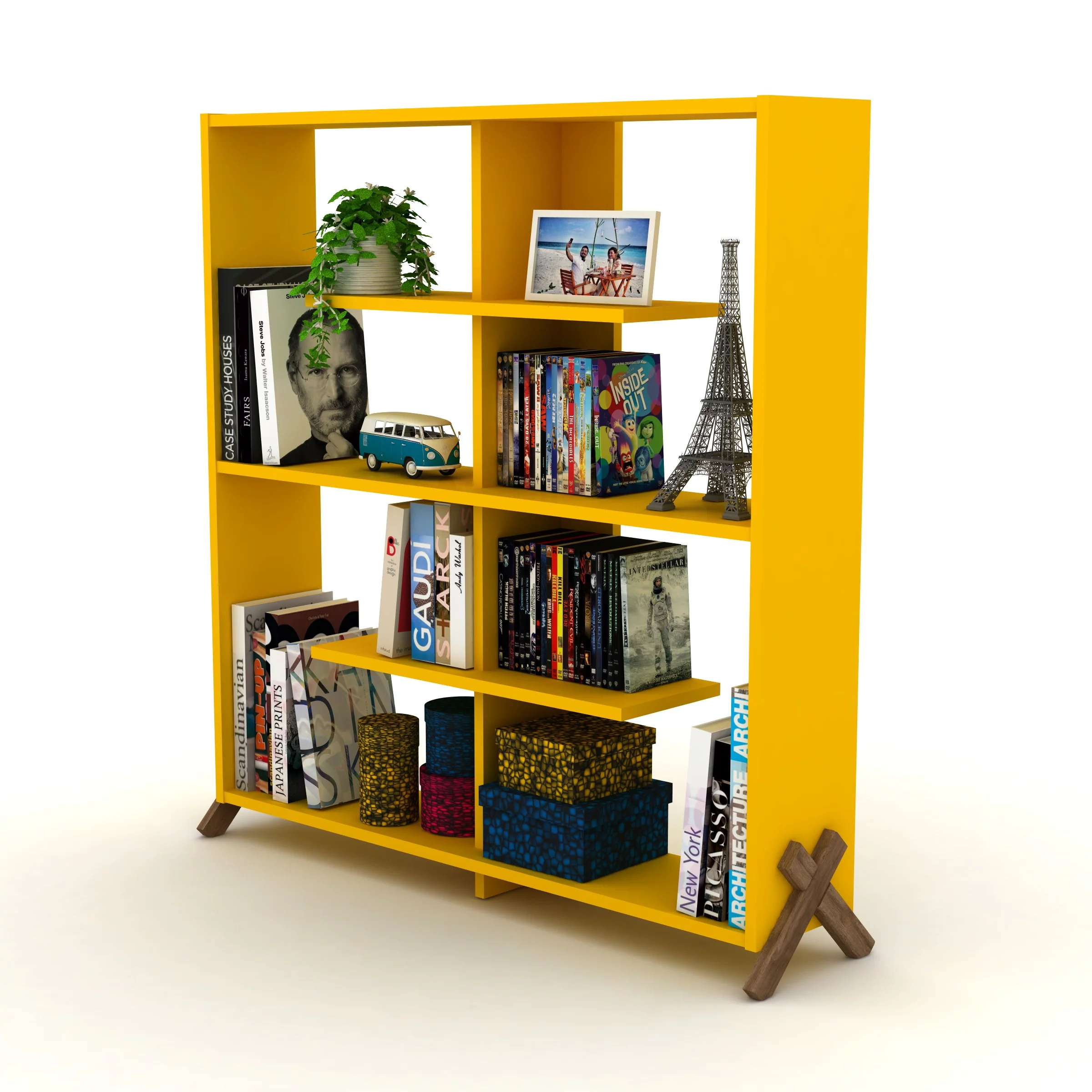 Kappo 4 Tier Modern Bookshelf, Wood Frame Bookshelf for Small Spaces in your Living Rooms, Office Furniture Bookcase,Yellow
