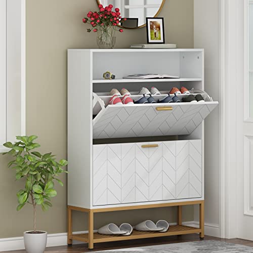 Loomie Shoe Cabinet,Freestanding Tipping Bucket Shoe Rack Organizer with 2 Flip Drawers,Entryway Narrow Shoe Storage with Storage Shelf &Top Cubby,Modern Slim Hidden Shoe Cabinet with Door, Grey