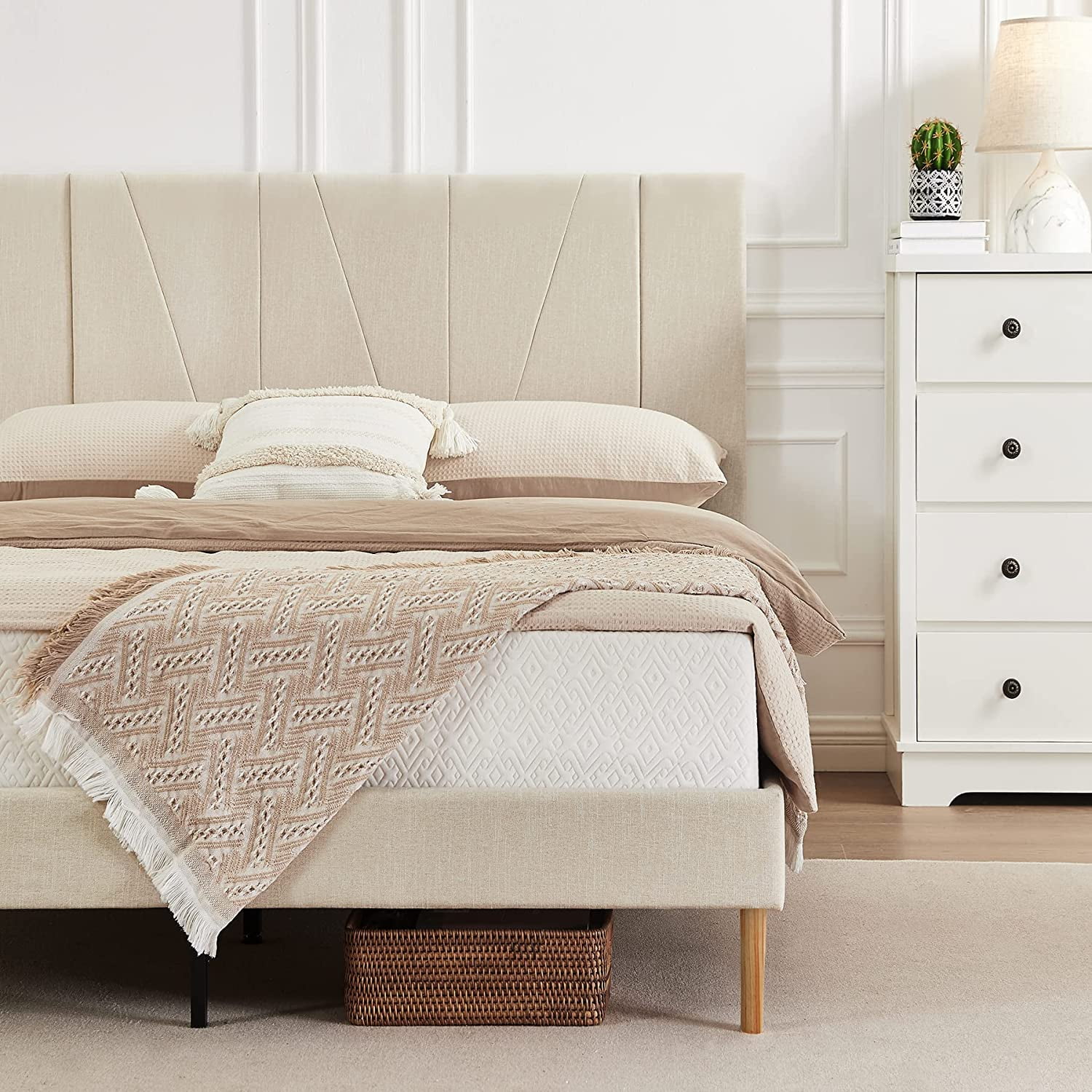 Flolinda King Size Bed Frame Upholstered Platform with Complete Headboard，Fabric Upholstered Platform Bed Frame, Beige