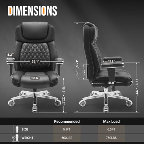 750lbs Big and Tall Office Chair,Heavy Duty Office Chairs,Executive Computer Desk Chair Work Chairs, Thick Padded Strong Metal Base Quiet Wheels, Ergonomic Design for Back Pain
