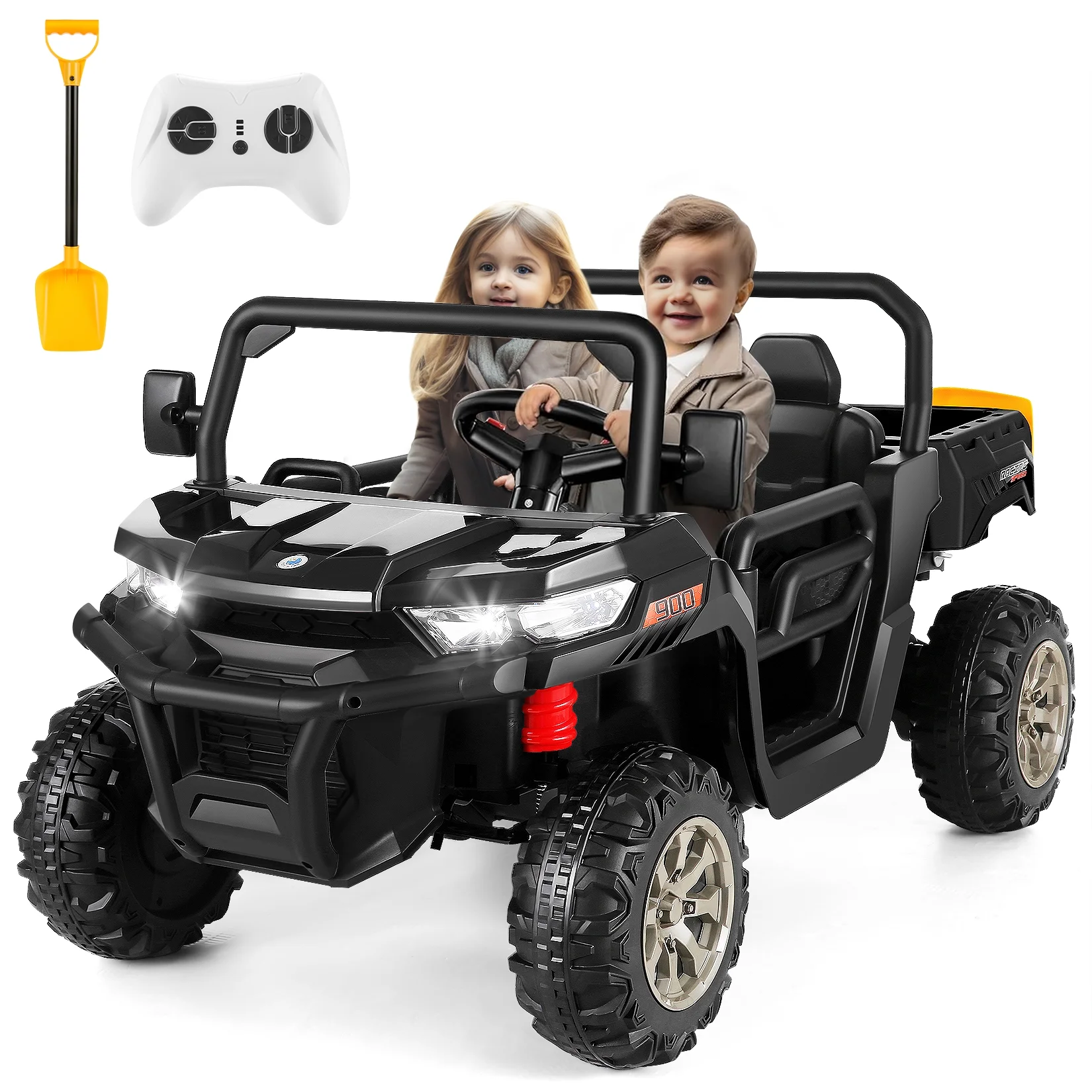 Vibespark 24 V 2x200W Kids Ride on Dump Truck with Remote Control, 2 Seater Electric Powered 4-Wheel UTV Toys, Ride on Tractor Car w/ Tipping Bucket Trailer, Shovel, Suspension, Bluetooth Music, Black