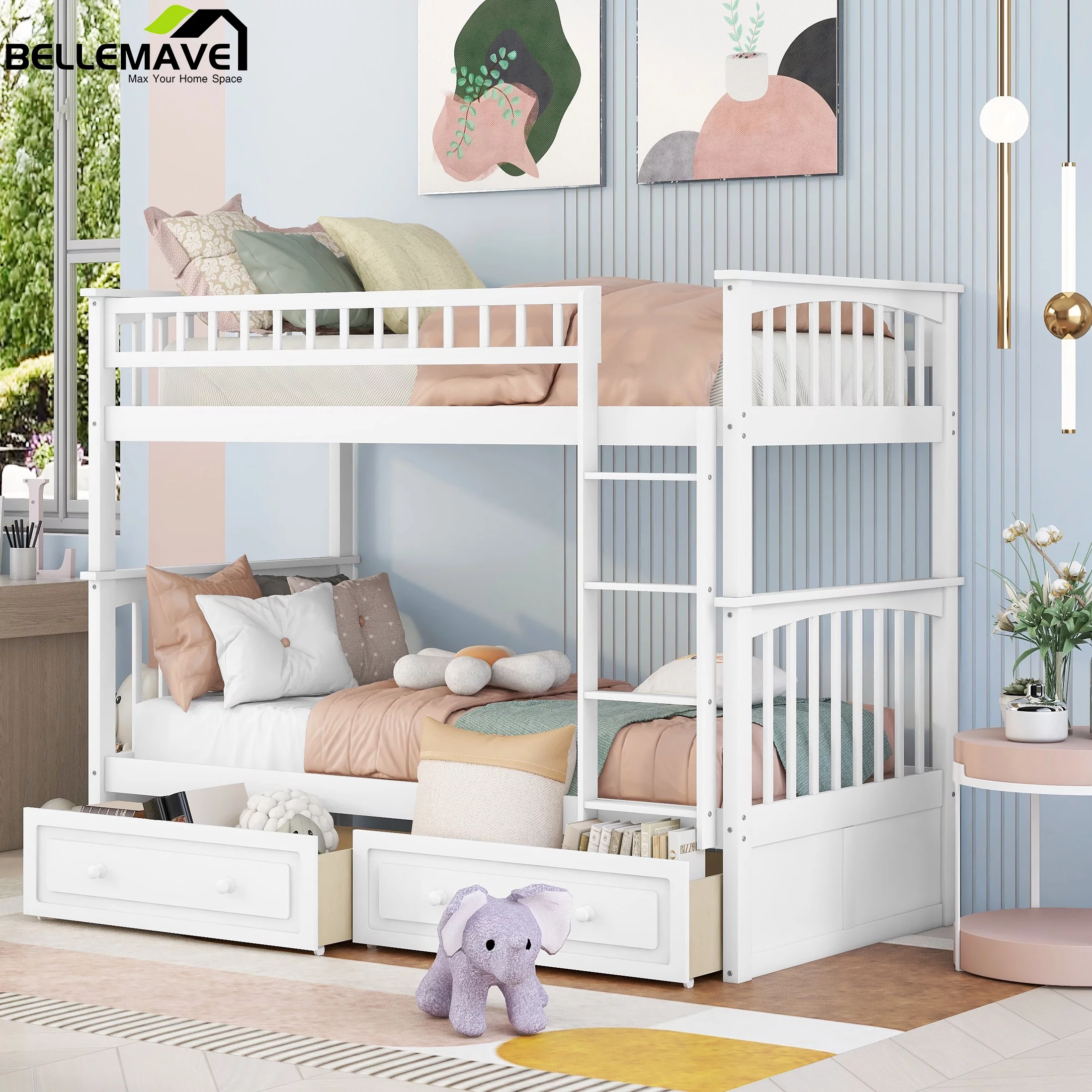 Bellemave Twin Over Twin Bunk Bed with 2 Storage Drawers,Wooden Bunk Bed Frame with Guardrails for Kids Teens Adults,Can be Convertible into 2 Beds(White)