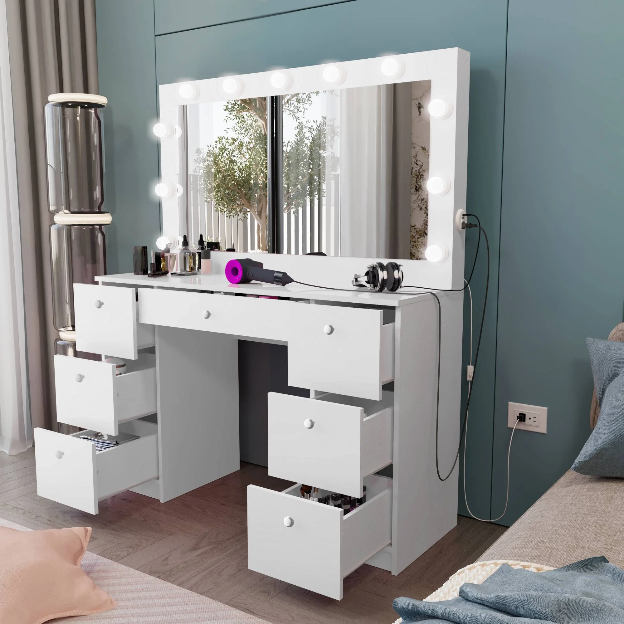 Boahaus Freya Modern Makeup Vanity with Lights, White Vanity Table for Bedroom