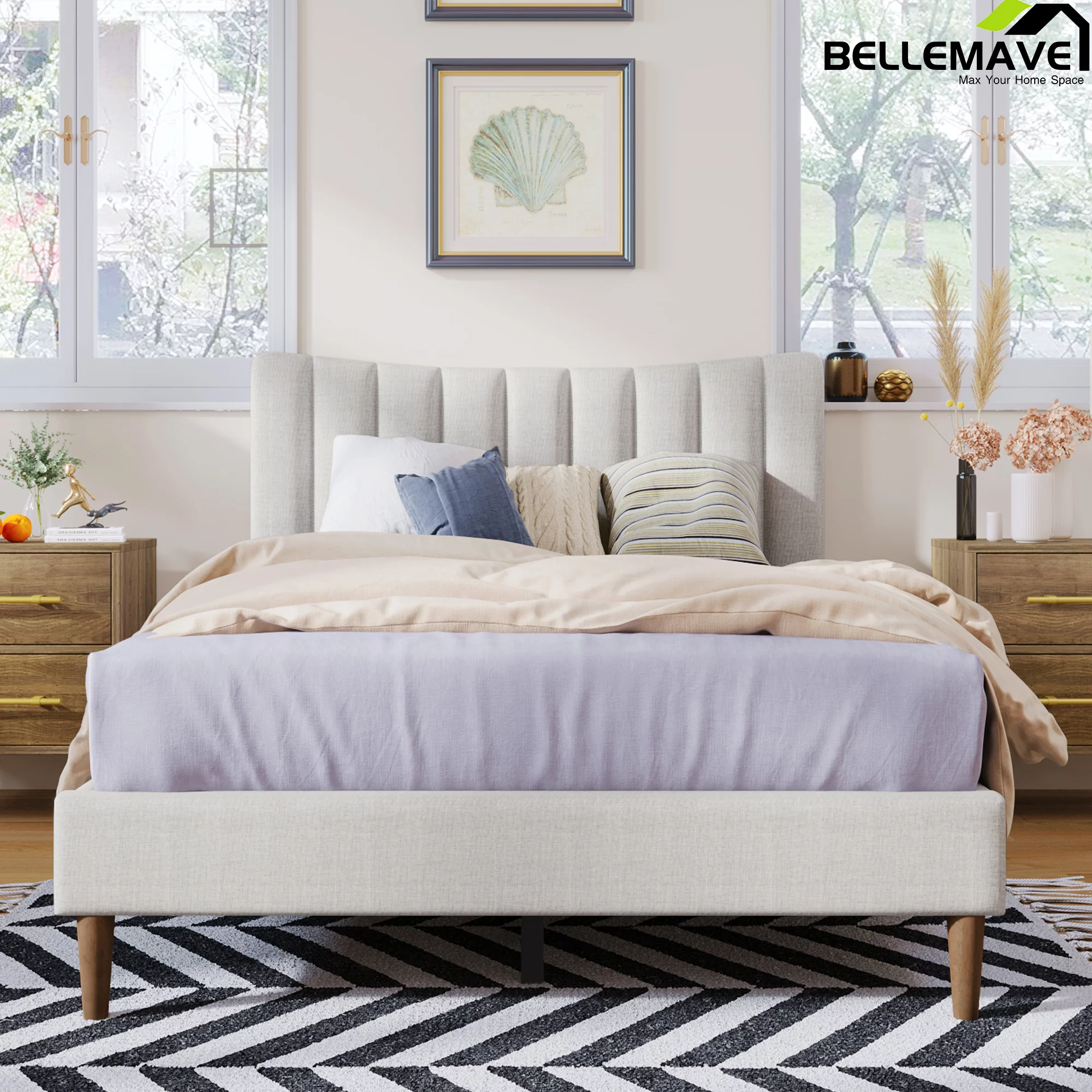 Bellemave Full Size Linen Upholstered Platform Bed with Vertical Channel Tufted Headboard,Modern Full Bed Frames with Wood Slats Support(Cream,Full)