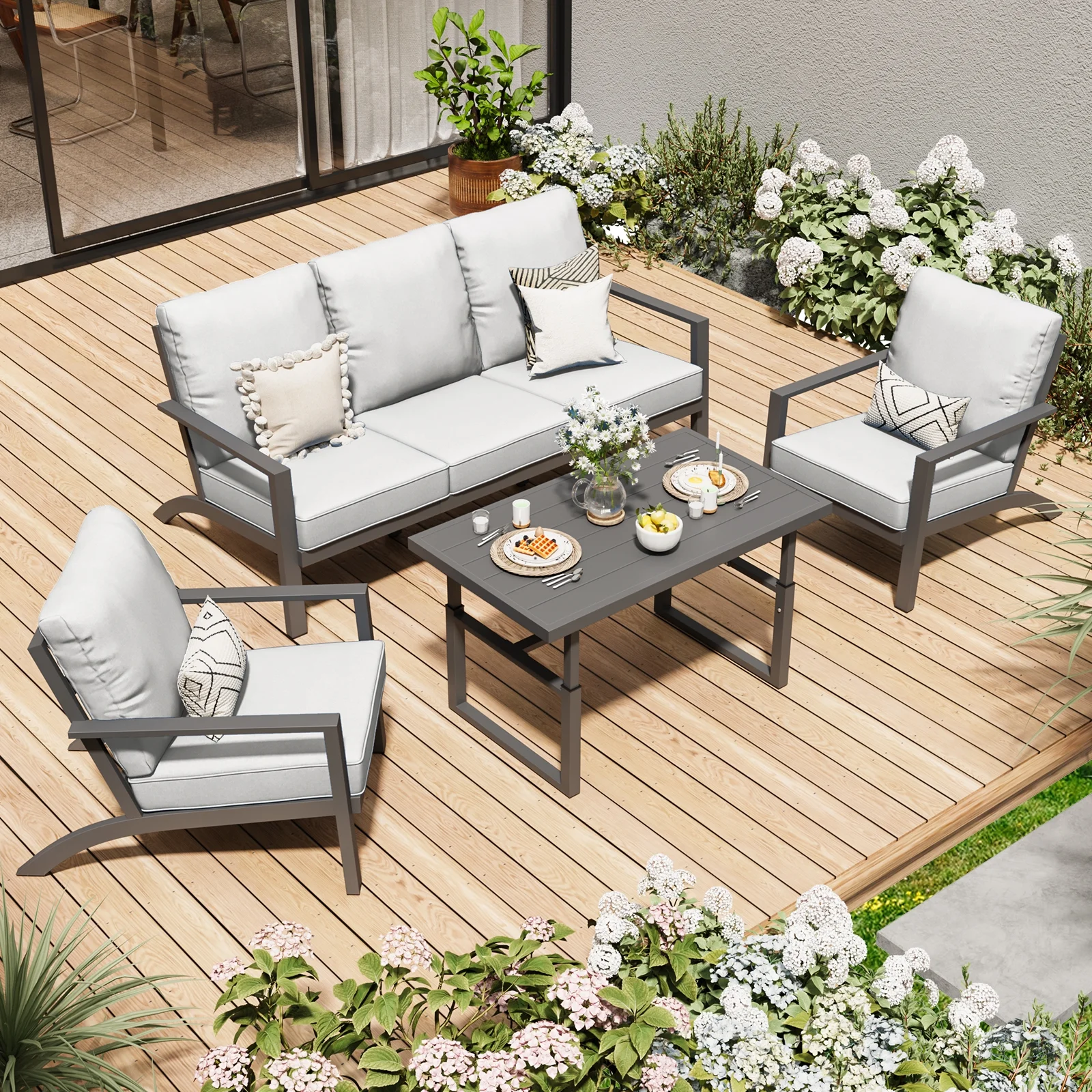 AECOJOY Aluminum Patio Furniture Set Modern Metal Outdoor Patio Furniture Clearance, Adirondack Patio Conversation Sets for Lawn, Backyard, and Deck with Grey Cushions