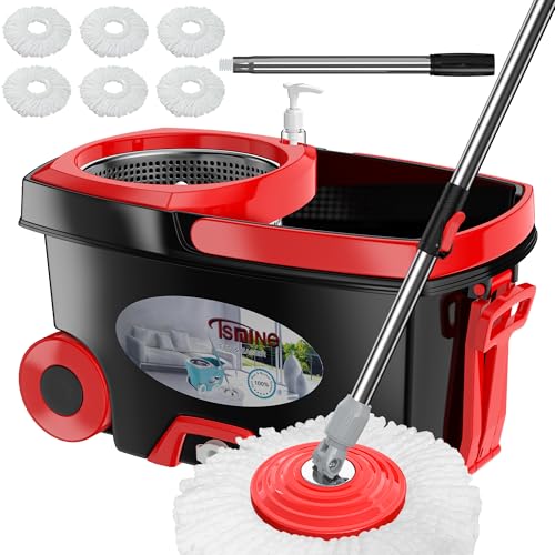 FunClean 360° Spin Mop and Bucket Set with Wringer, 6 Extra Microfiber Heads, 61