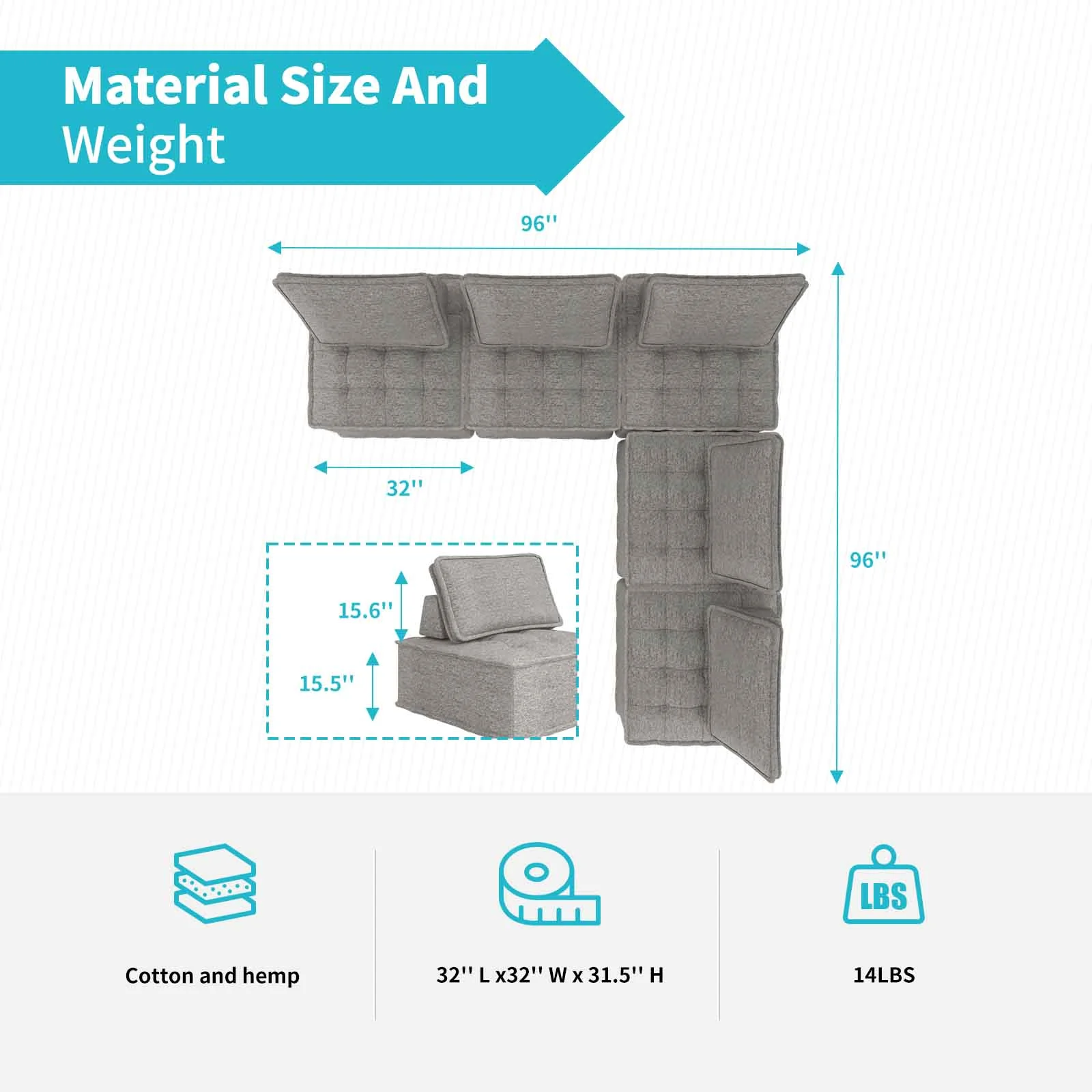 CECER L Shaped Modular Sectional Sofa with Ottoman 5PCS Free Combination Armless Floor Sofa with Removable Cushion, Light Grey