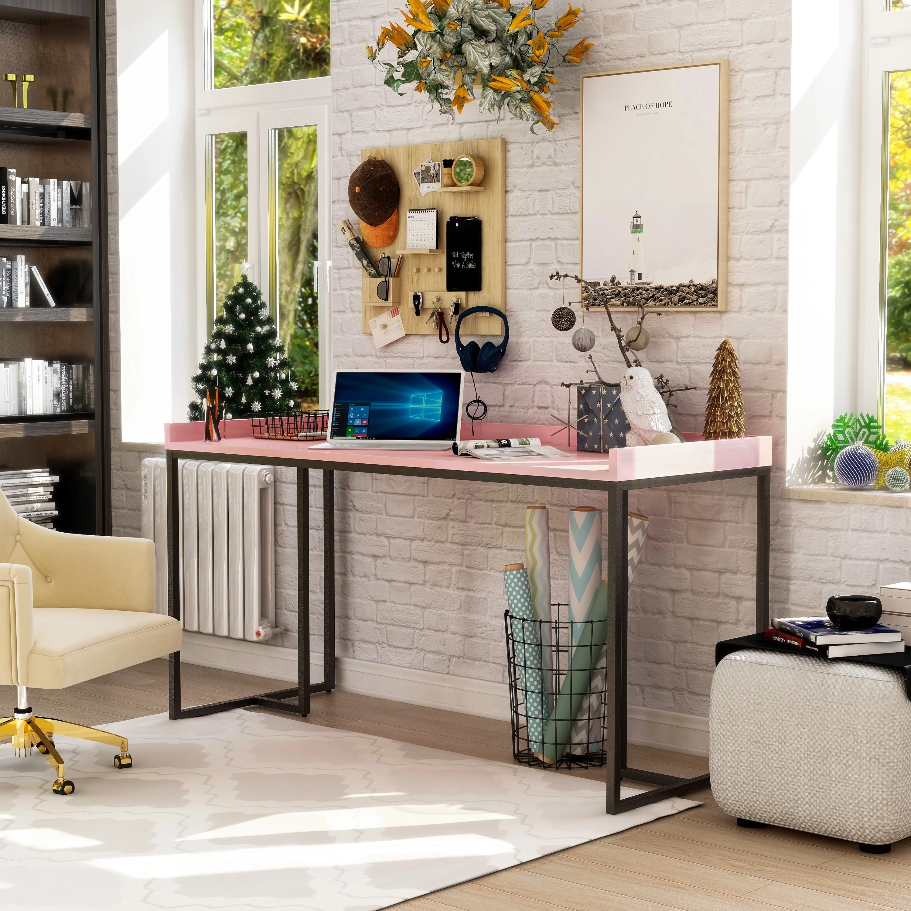 Furniture of America Magnus Industrial 59-inch Metal Computer Desk with USBs by  Pink Wood Finish, Metal Finish