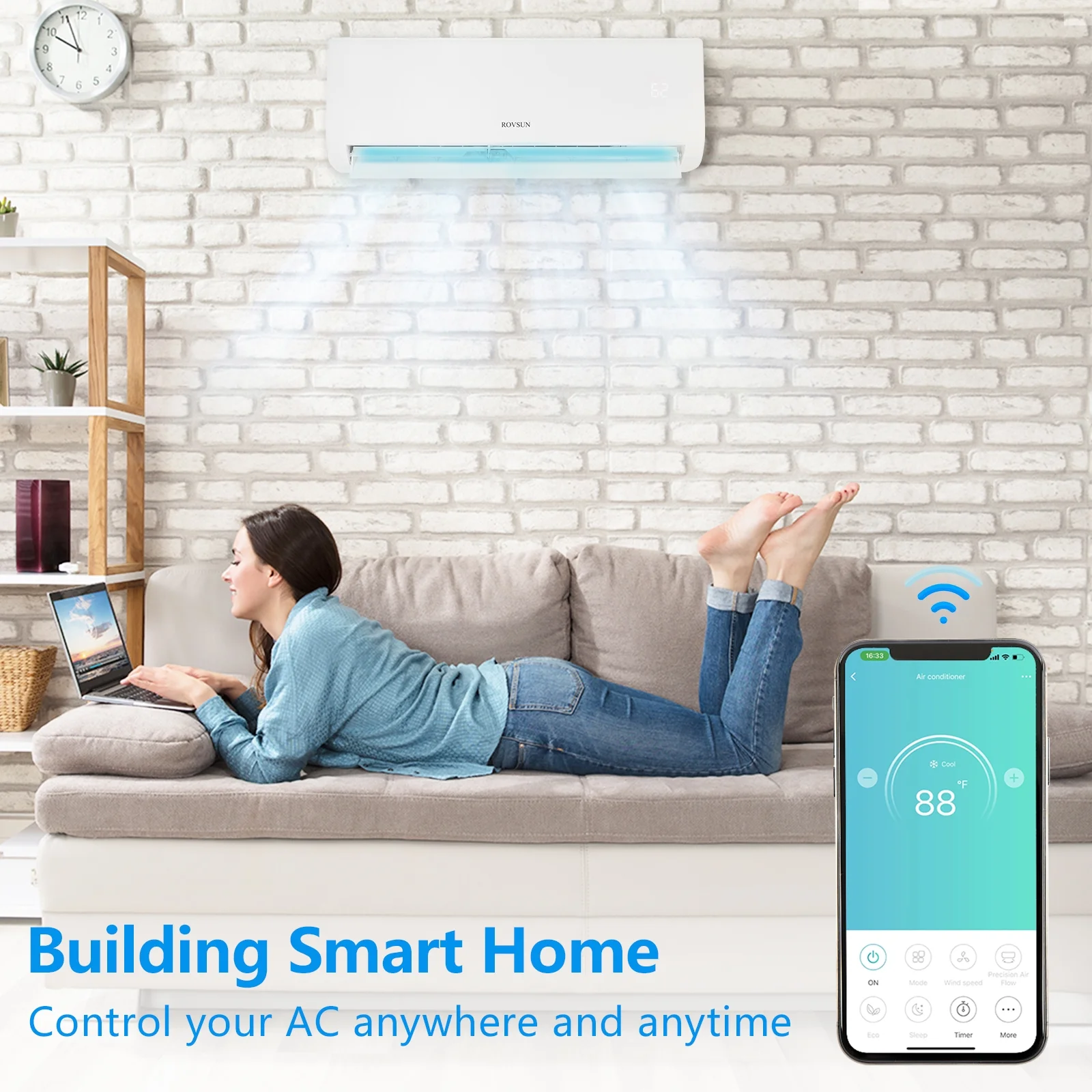 ROVSUN Wifi Enabled 18,000 BTU Mini Split AC/Heating System with Inverter, 19 SEER 230V Energy Saving Ductless Split-System Air Conditioner with Pre-Charged Condenser, Heat Pump & Installation Kit