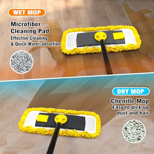 Dust Mop with Microfiber & Chenille Pads, Dry Wet Flat Mop for Cleaning Hard Wood Laminate Tile Vinyl Kitchen Bathroom Home (Yellow)