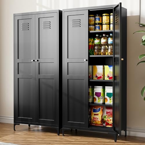 Kitchen Pantry Storage Cabinet with Adjustable Shelves Metal Cupboard Storage Cabinet with Adjustable Feet Pantry Cabinet for Kitchen, Living Room Dinning Room Bathroom. (Black, 61 inch)