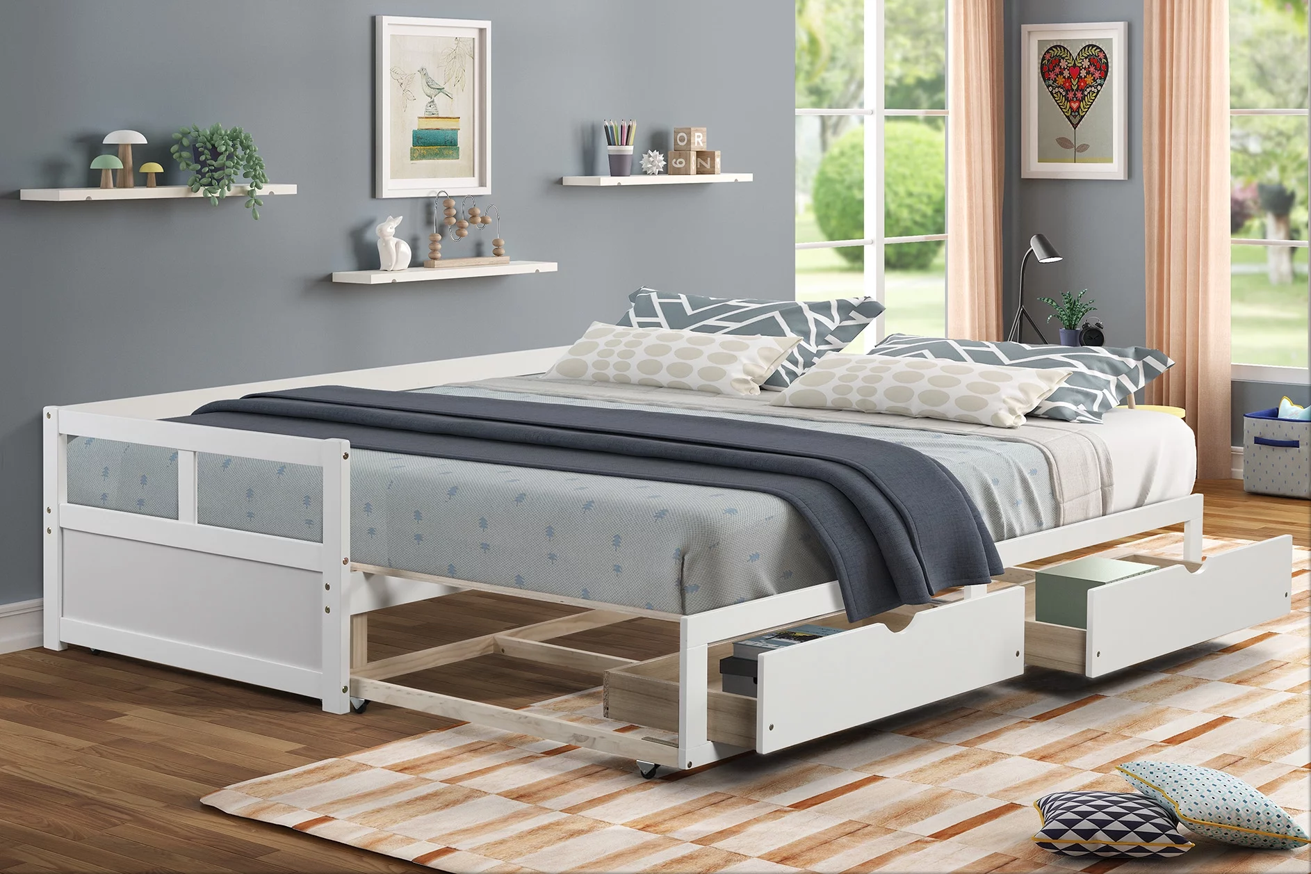 Hanway Twin Daybed with Two Drawers - White Solid Pine Wood Material - Extendable Full Size Bedstead with Extra Storage – Bedroom Accessories and Décor – Elegant Furniture for Compact Rooms…