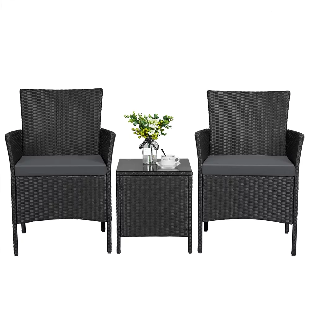 Topeakmart Set of 3 Rattan Chairs & Table for Outdoor Garden Furniture Set Black/Gray