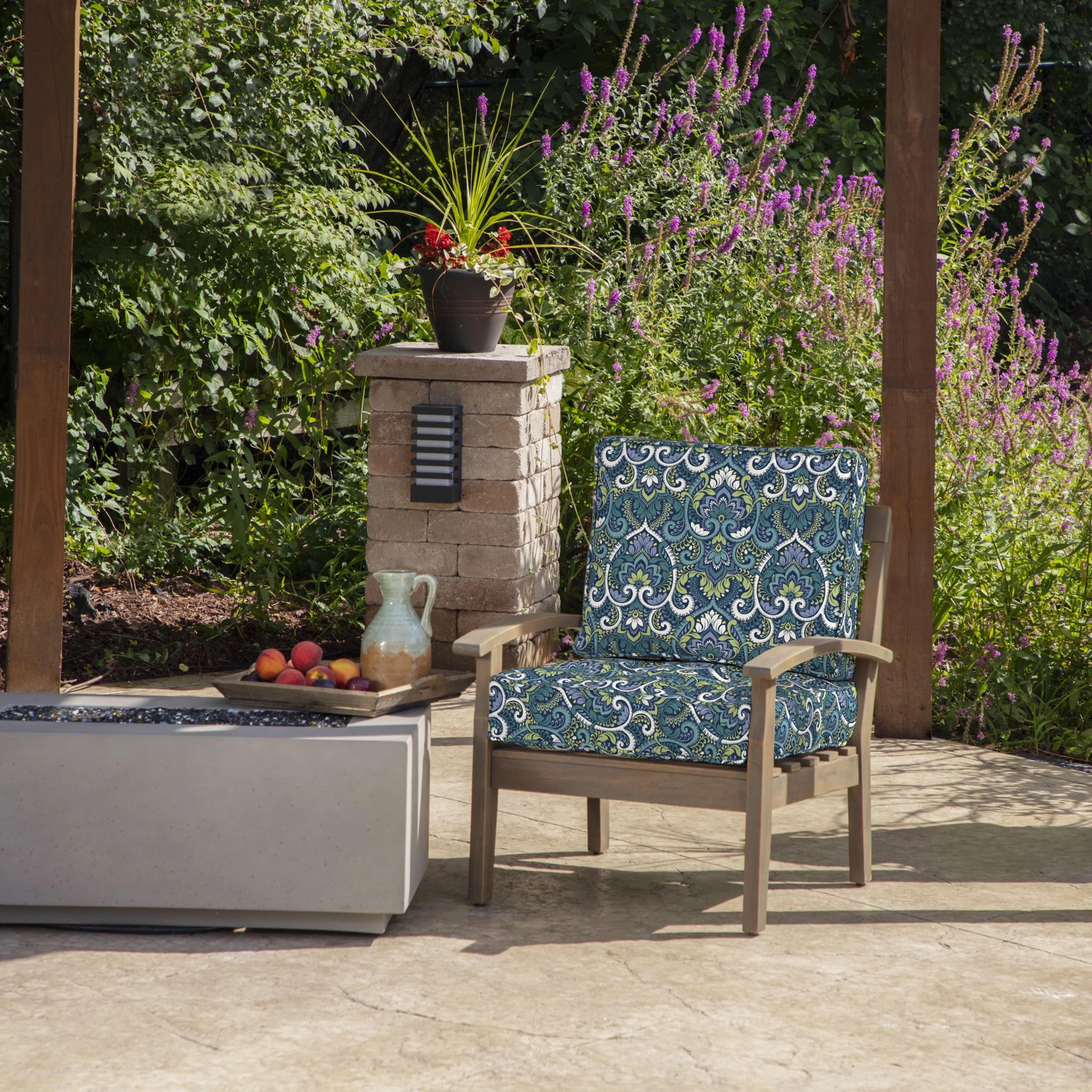 Arden Selections PolyFill Outdoor Deep Seating Cushion Set, 24 x 24, Water Repellant, Fade Resistant, Tufted Deep Seat Bottom and Back Cushion for Chair, Sofa, and Couch, Sapphire Aurora Blue Damask