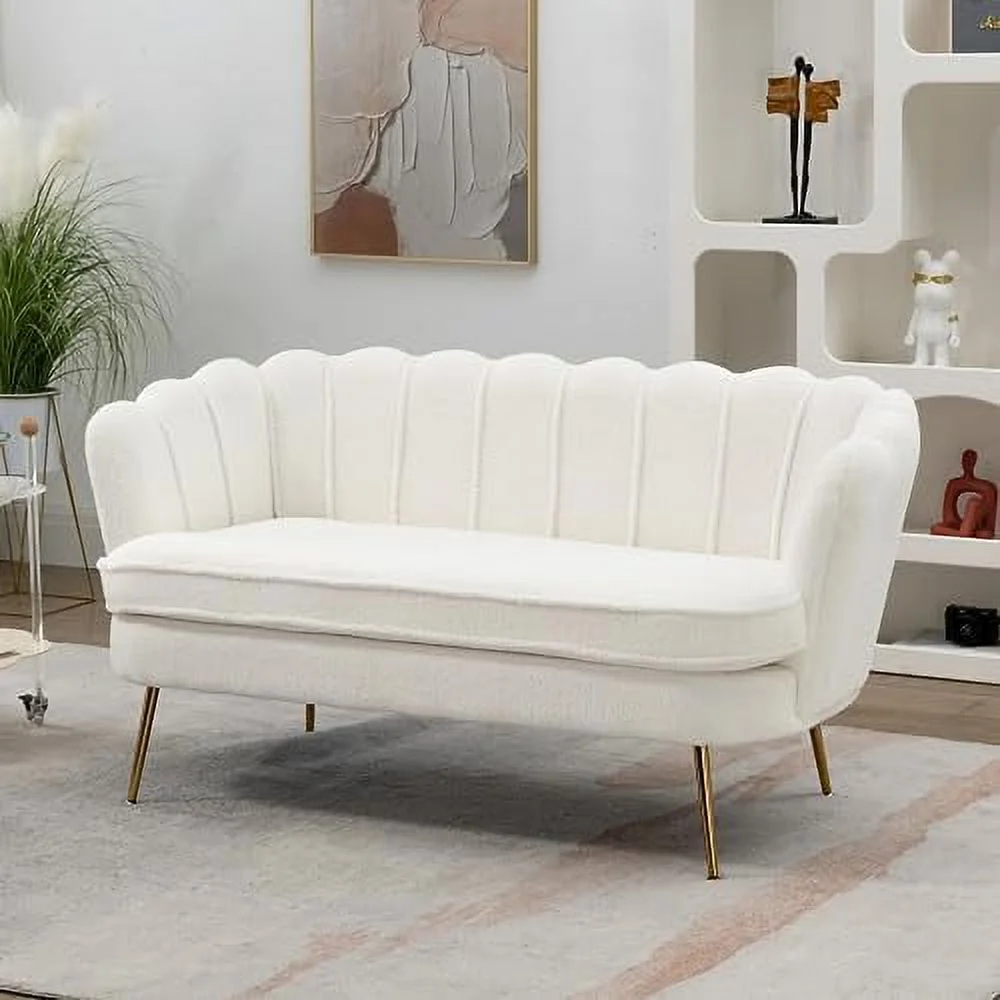 TJUNBOLIFE Boucle Loveseat Sofa with Gold Metal Legs  59\u201D Modern 2 Seater Sofa with Flower Backrest  Couch for Living Room Bedroom Office (Ivory)