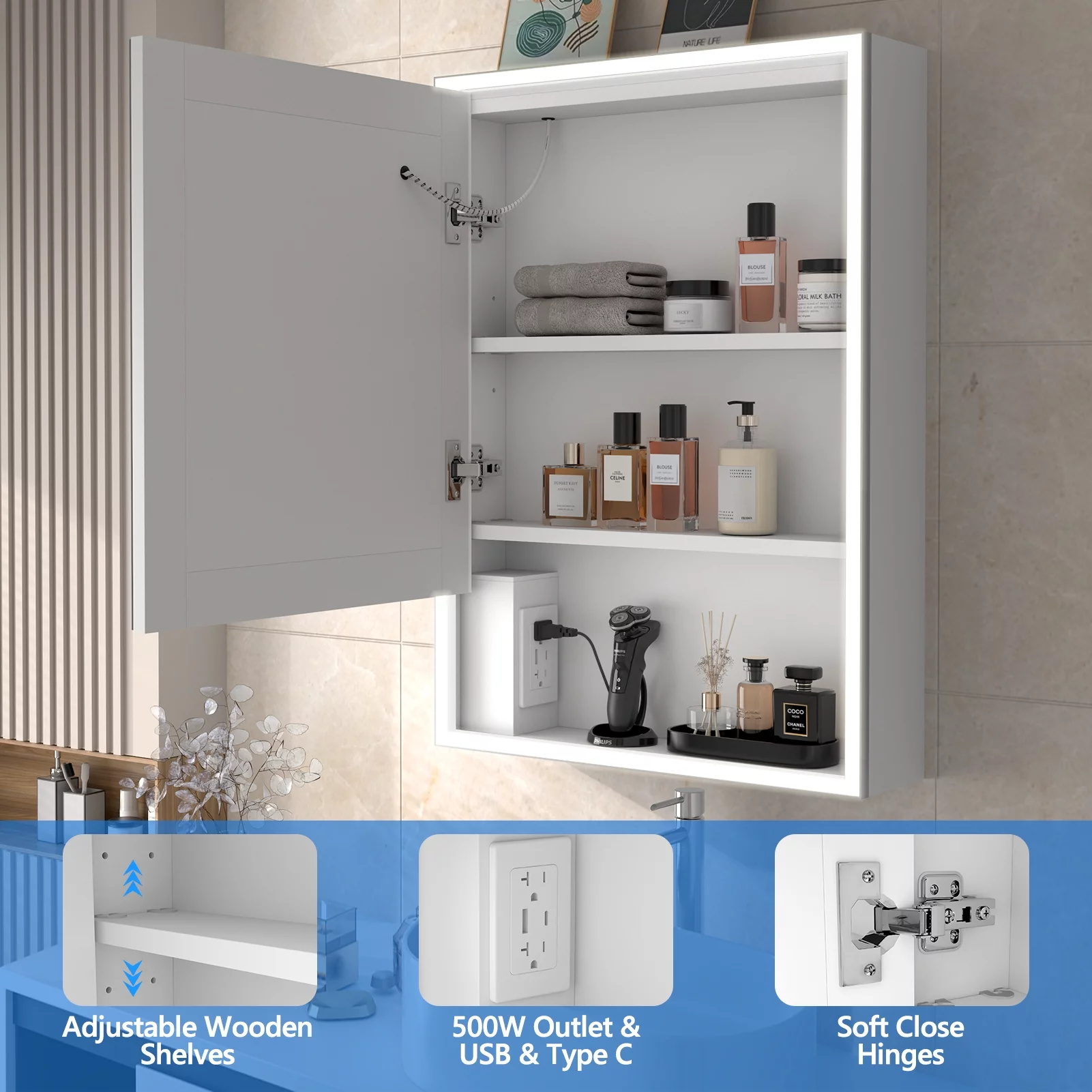 LALAHOO Bathroom Medicine Cabinet with 3-Color Mode Led Lights 28 x 20 Inch Recessed Medicine Cabinet or Surface Mount Medicine Cabinet with Socket USB Type-c Defog Storage Shelves