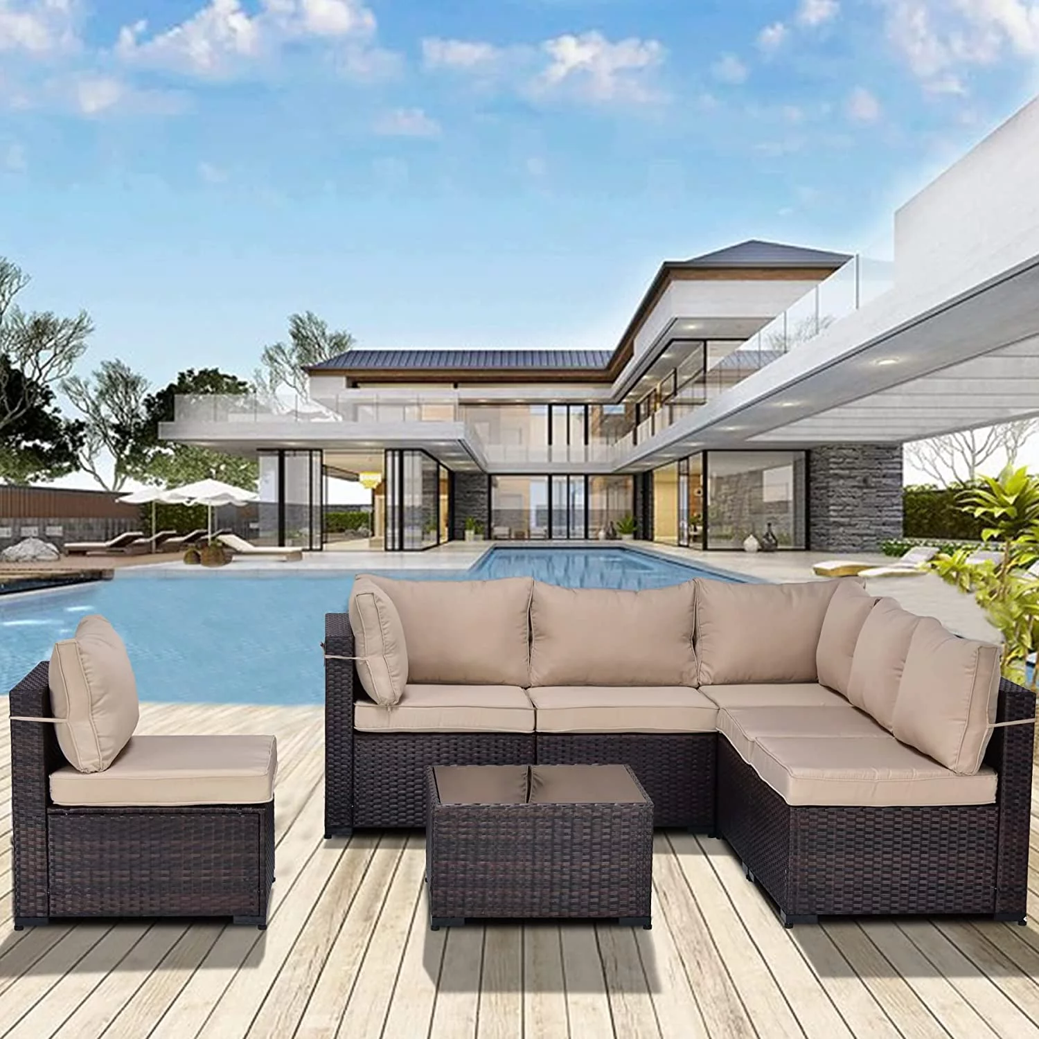 Gotland 7 Pieces Patio Conversation Set Outdoor Sectional Sofa Set PE Rattan Sectional sofa Set (sand)