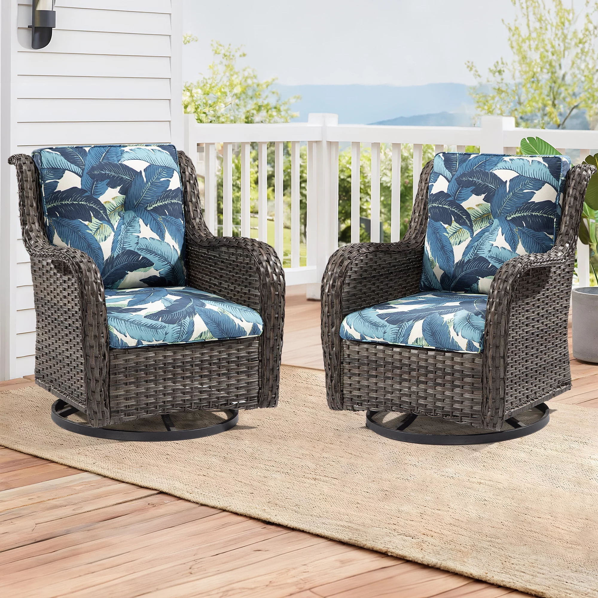 Meetleisure 2 Pieces Outdoor Patio Furniture Wicker Swivel Chair with Cushions for Backyard, Swaying Palms Blue