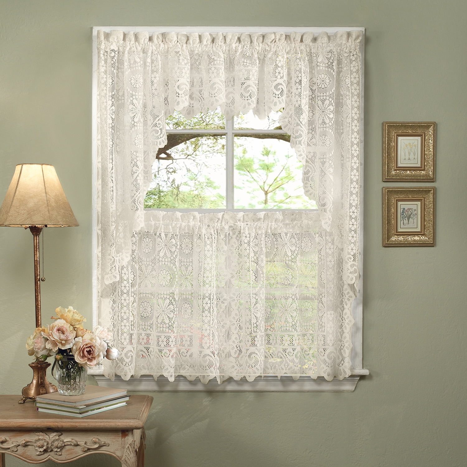 Hopewell Heavy Lace Floral Kitchen Curtain 36