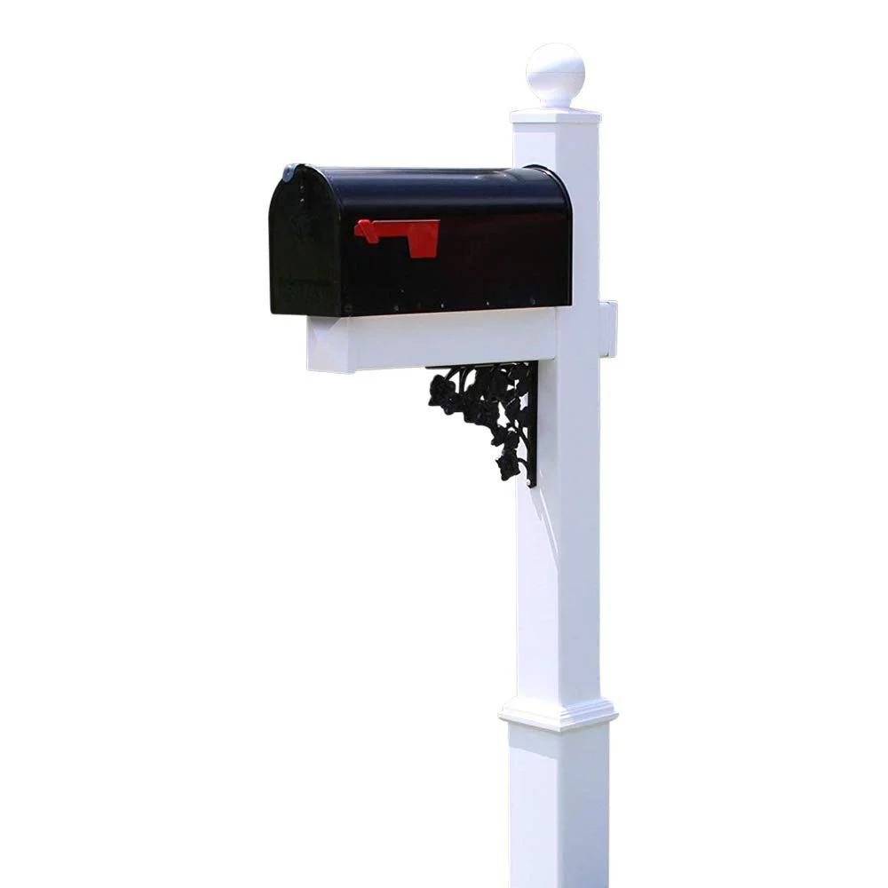 The Turner Mailbox System with White Vinyl Post Combo, Stand, and Black Mailbox Included