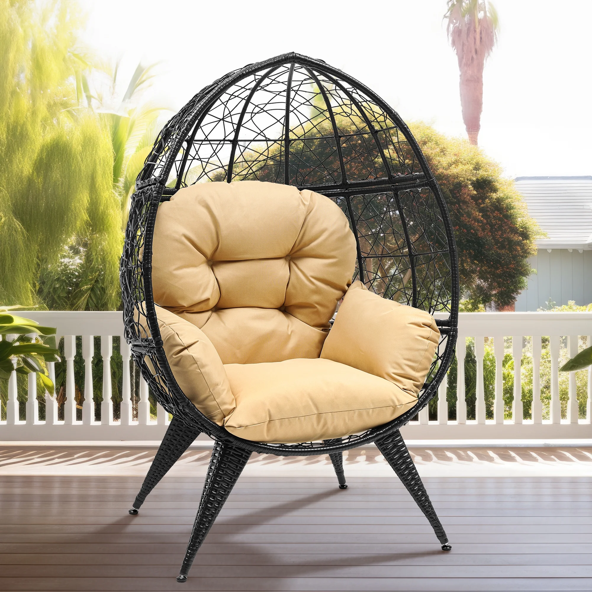 Dextrus Egg Chair Wicker Outdoor Indoor Oversized Large Lounger with Stand Cushion Egg Basket Chair 350lbs Capacity for Patio, Garden Backyard Balcony, Beige