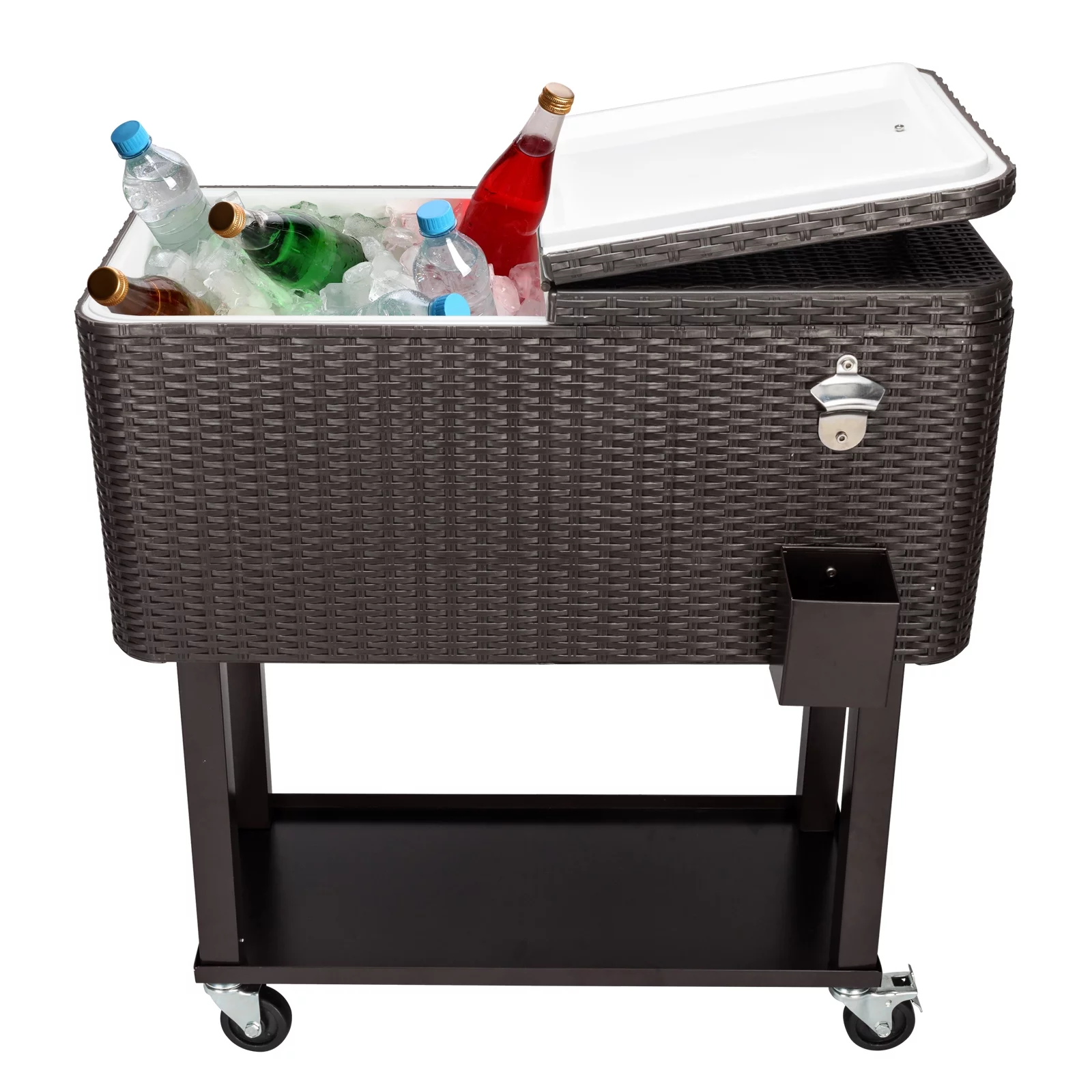 CAIHONG 80 Quart Rolling Ice Chest on Wheels, Portable Party Bar Cold Drink Beverage Cart Tub for Outdoor Patio Deck, Dark Brown Wicker Faux Rattan Tub Trolley, 34.25 x 15.16 x 34.25