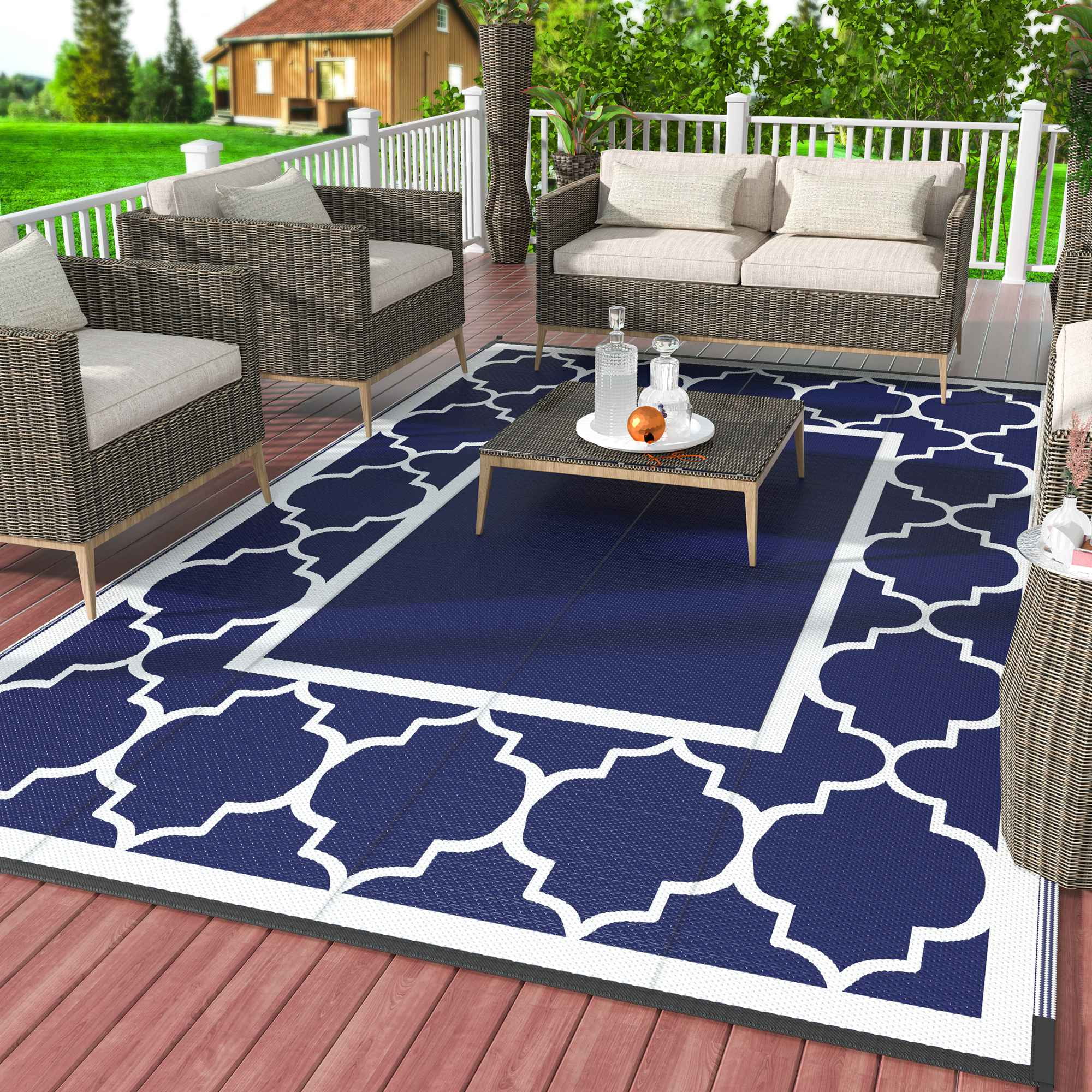 DEORAB 8'x10' Outdoor Rug for Patio Clearance,Reversible Straw Plastic Waterproof Area Rugs,Clearance Mat,Rv,Camping,Blue & White