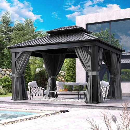 Aoxun 10' X 12' Hardtop Gazebo, Aluminum Outdoor Gazebo with Galvanized Steel Double Top Canopy, Permanent Metal Pavilion with Privacy Curtain and Netting, for Garden, Backyard, Square Foundation