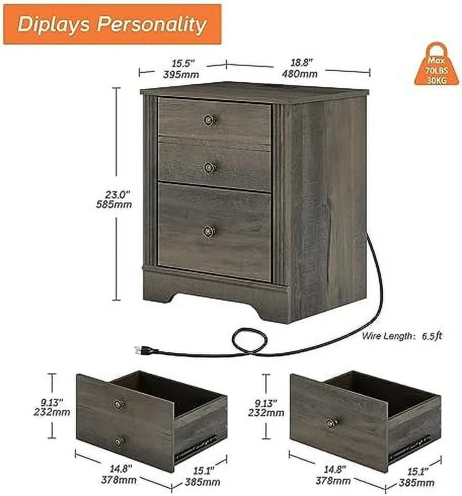 HOOMHIBIU Nightstand with Charging Station  18 Inch End Table with 2 Drawers  Modern Sofa Side Table with   Wood Bedside Tables with 2 Power Outlets & 2 USB Ports for Bedroom Living R