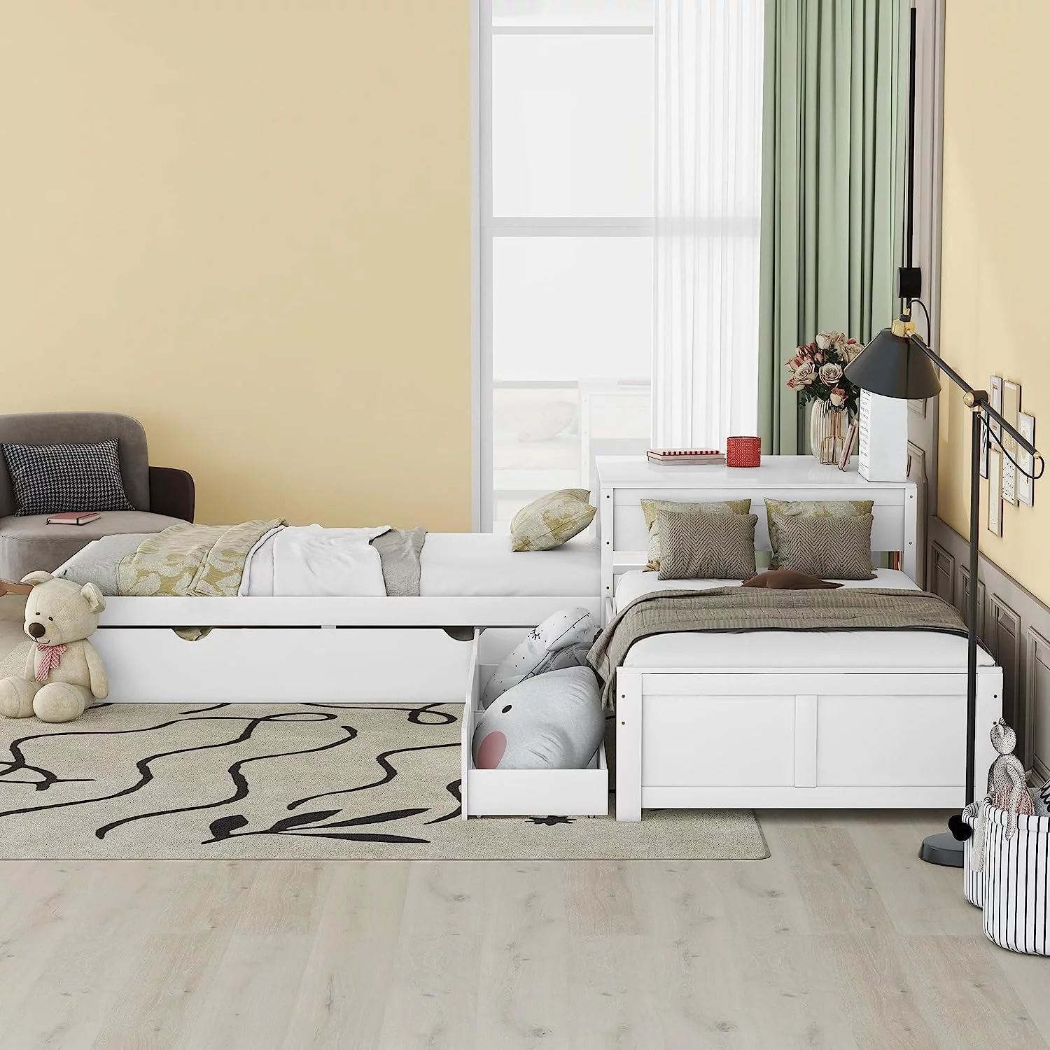 Bellemave L Shaped Platform Bed with Trundle and Drawers, Wood Twin Szie Corner Bed Built-in Desk, Twin Bed Frame for 3 Kids Teens Adults (White)