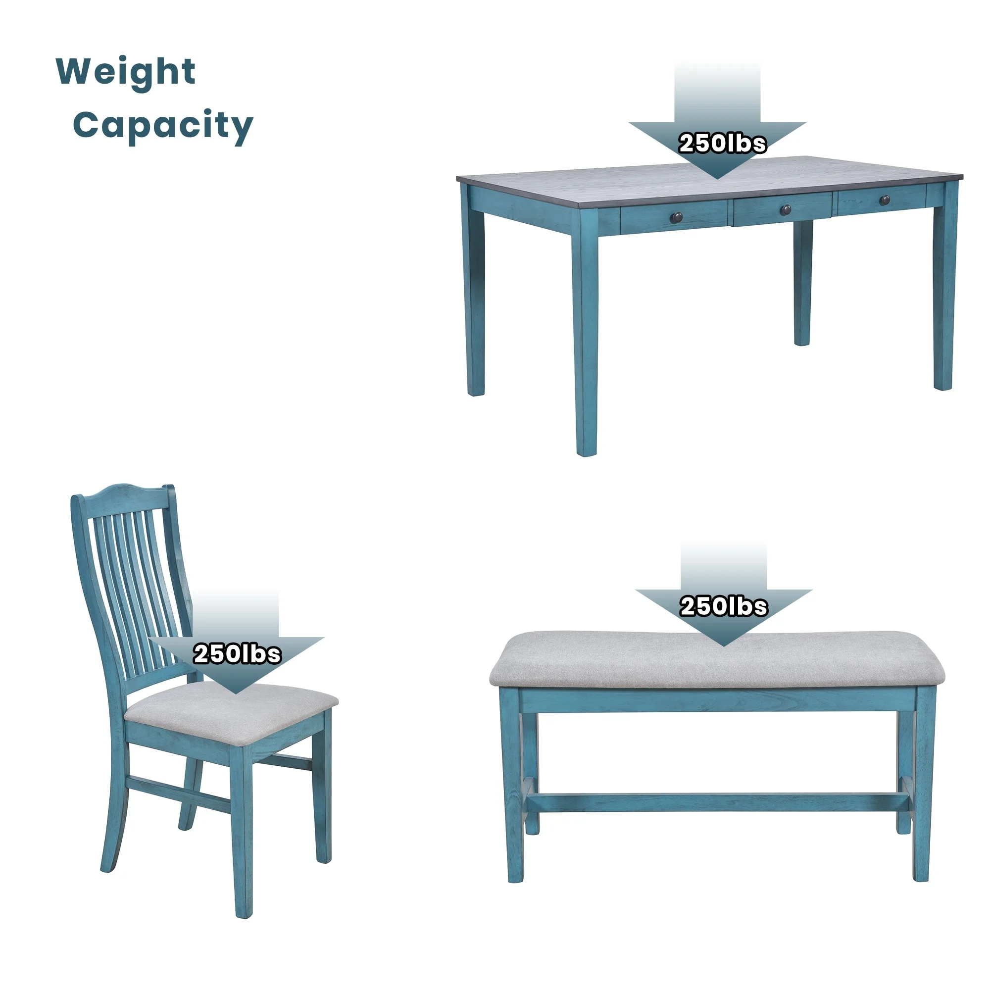 Vintage 6-Piece Wood Dining Set - Mid-Century Style Table, Upholstered Chairs & Bench, Walnut & Butter Milk Finish Antique Blue
