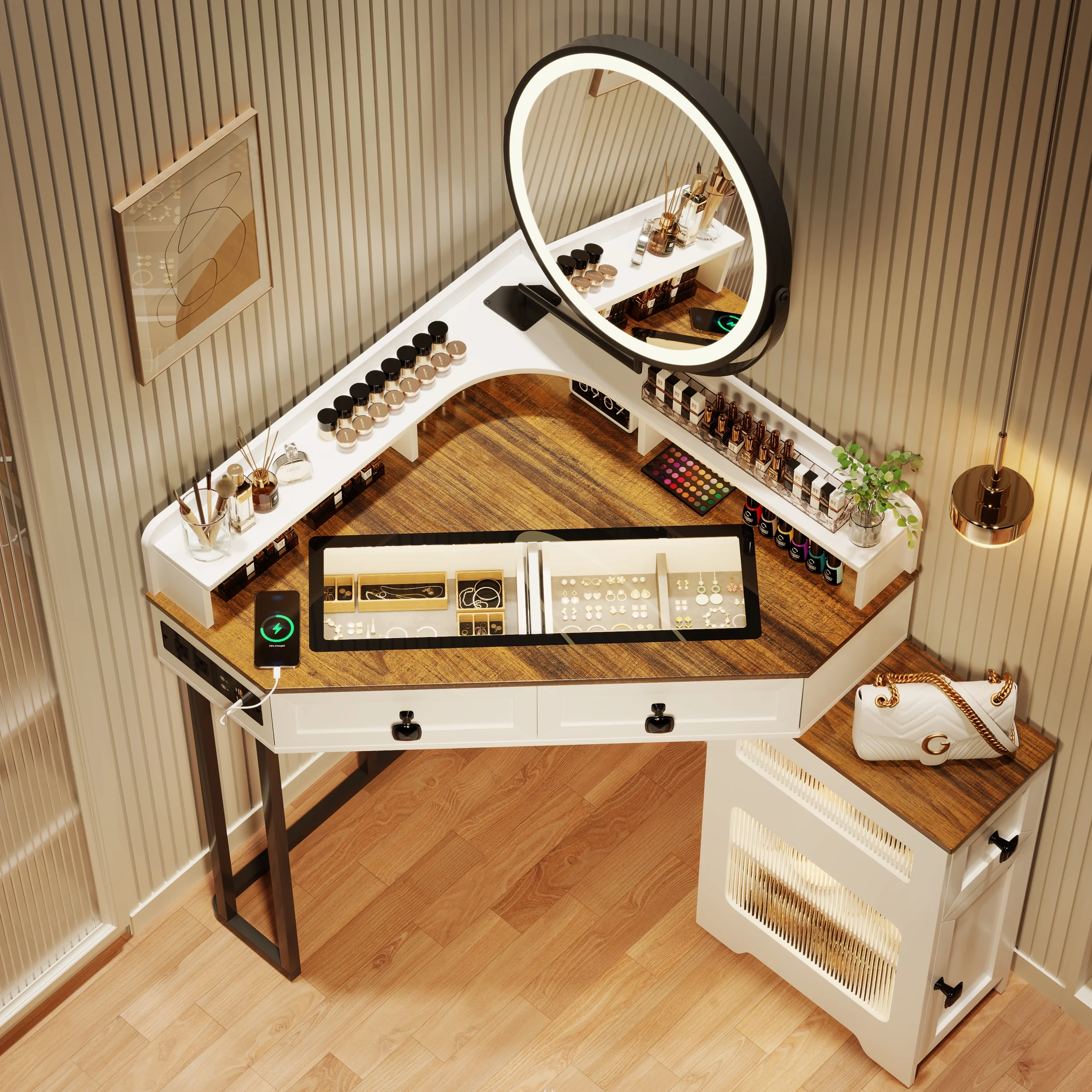 Corner Vanity Desk with Mirror and Lights, Modern Glass Top Makeup Vanity Set with Charging Station for Bedroom/Cloakroom (No Stool)