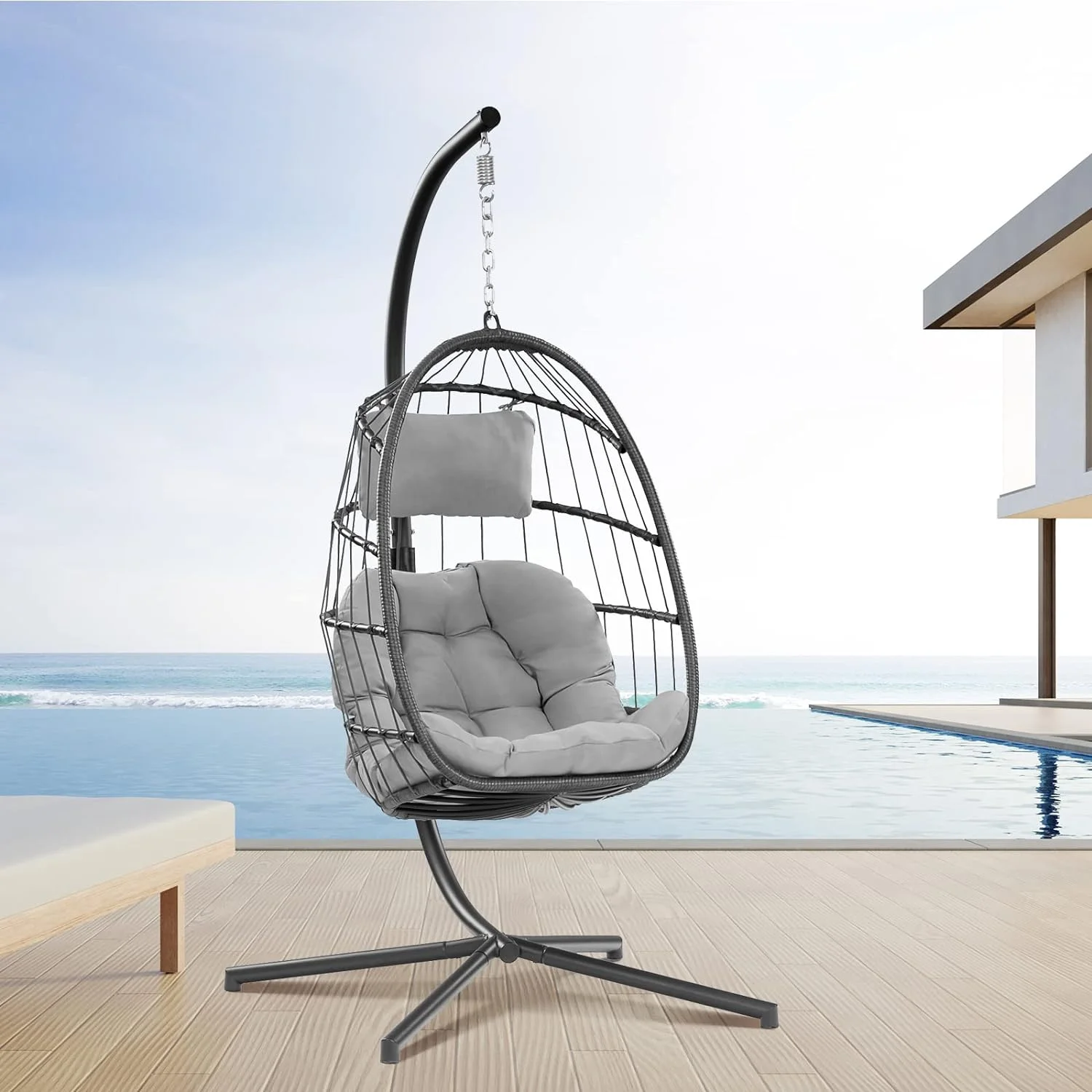 Egg swing Chair with bracket Egg Chair Outdoor - Rattan wicker patio Basket Chair Hammock Chair with aluminium steel frame and UV cushion for indoor bedroom balcony (grey)