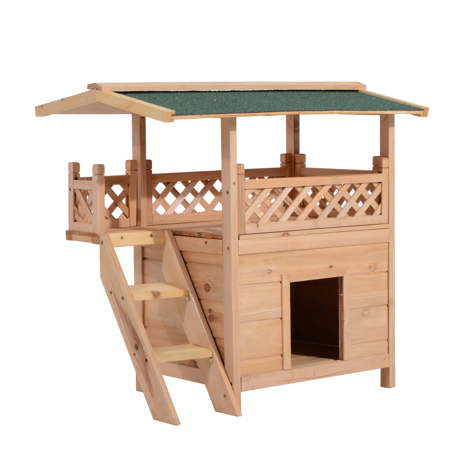 Pawhut 2-Story Indoor, Outdoor Wooden Cat House Shelter With Balcony Roof, Natural