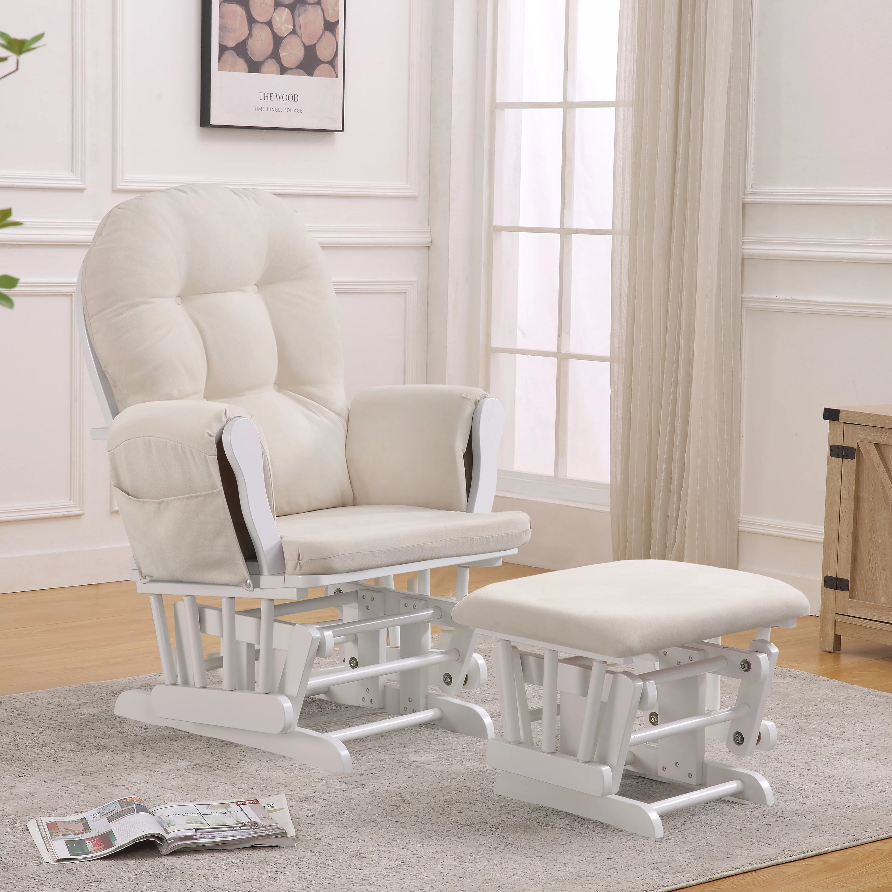 Willow Glider with Ottoman, White Finish with Beige Cushions