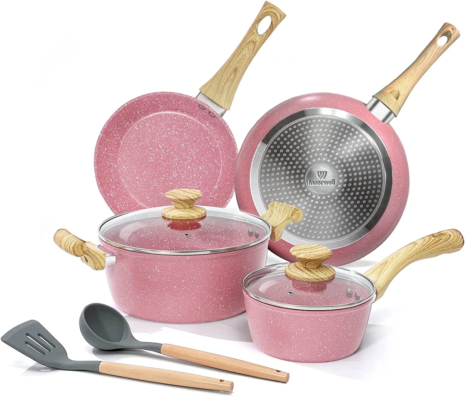 Excellent Nonstick Cookware Sets  8 Piece Pots and Pans Set  Granite Stone Cookware Non Stick Frying Pan Set with Stay Cool Handles  Pink kitchen Cookware Sets 100% PFOA-Free  Toxin-Free