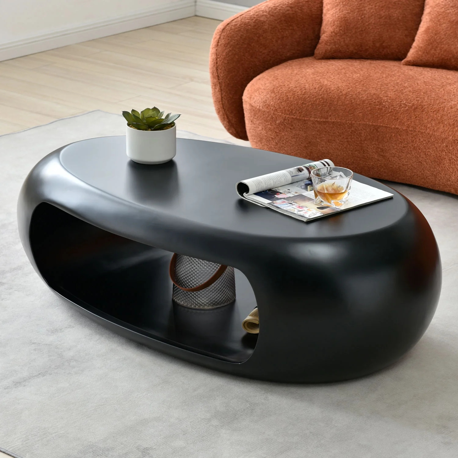 53.15'' Modern Oval Coffee Table, Sturdy Fiberglass Center Cocktail Table Tea Table for Living Room, BLACK, No Need Assembly