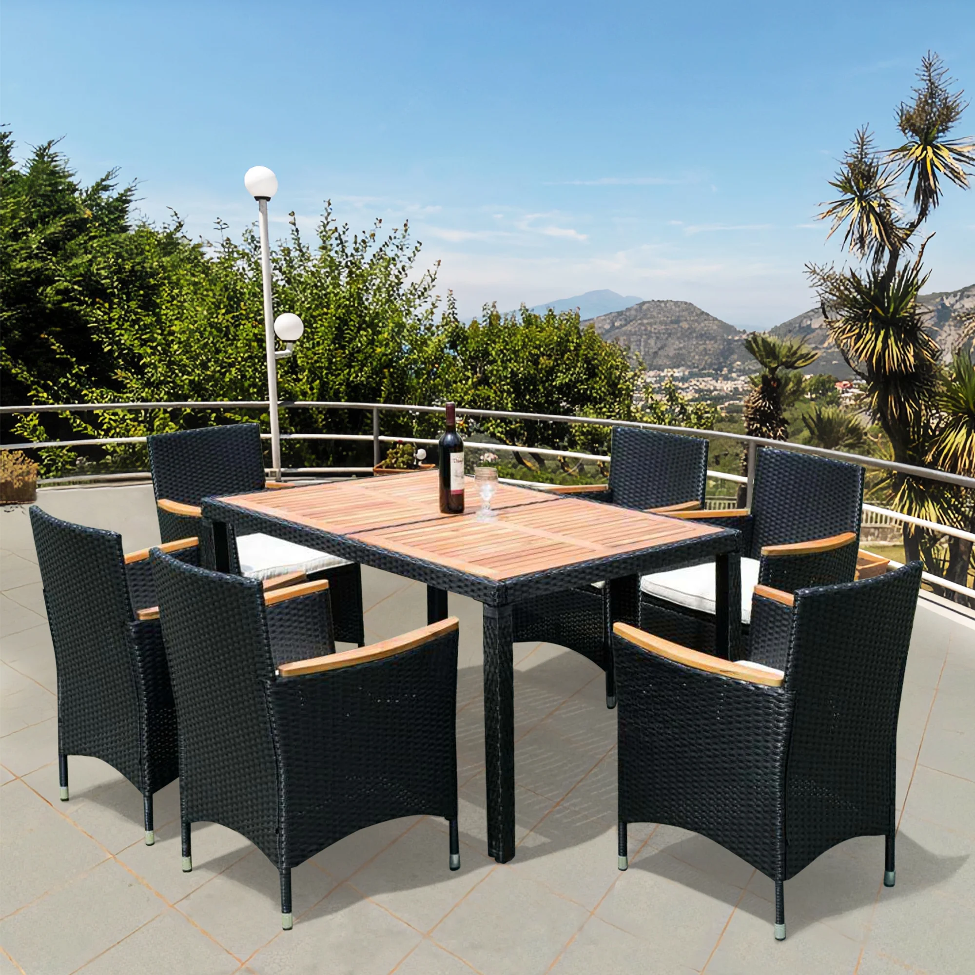 7 Piece Outdoor Patio Dining Set Outdoor Wicker Dining Furniture Set with Brown Rattan Dining Table and Chairs, Beige Cushions