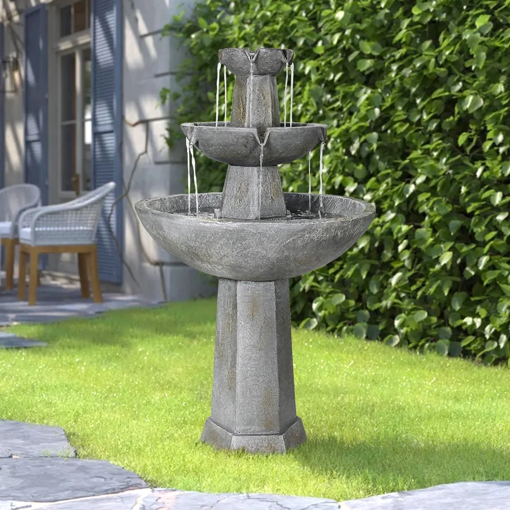 3 Tier Freestanding Waterfall Fountain, 43.3in H Outdoor Fountain with Bird Bath Decor for Garden Patio Backyard Deck Home Lawn Porch