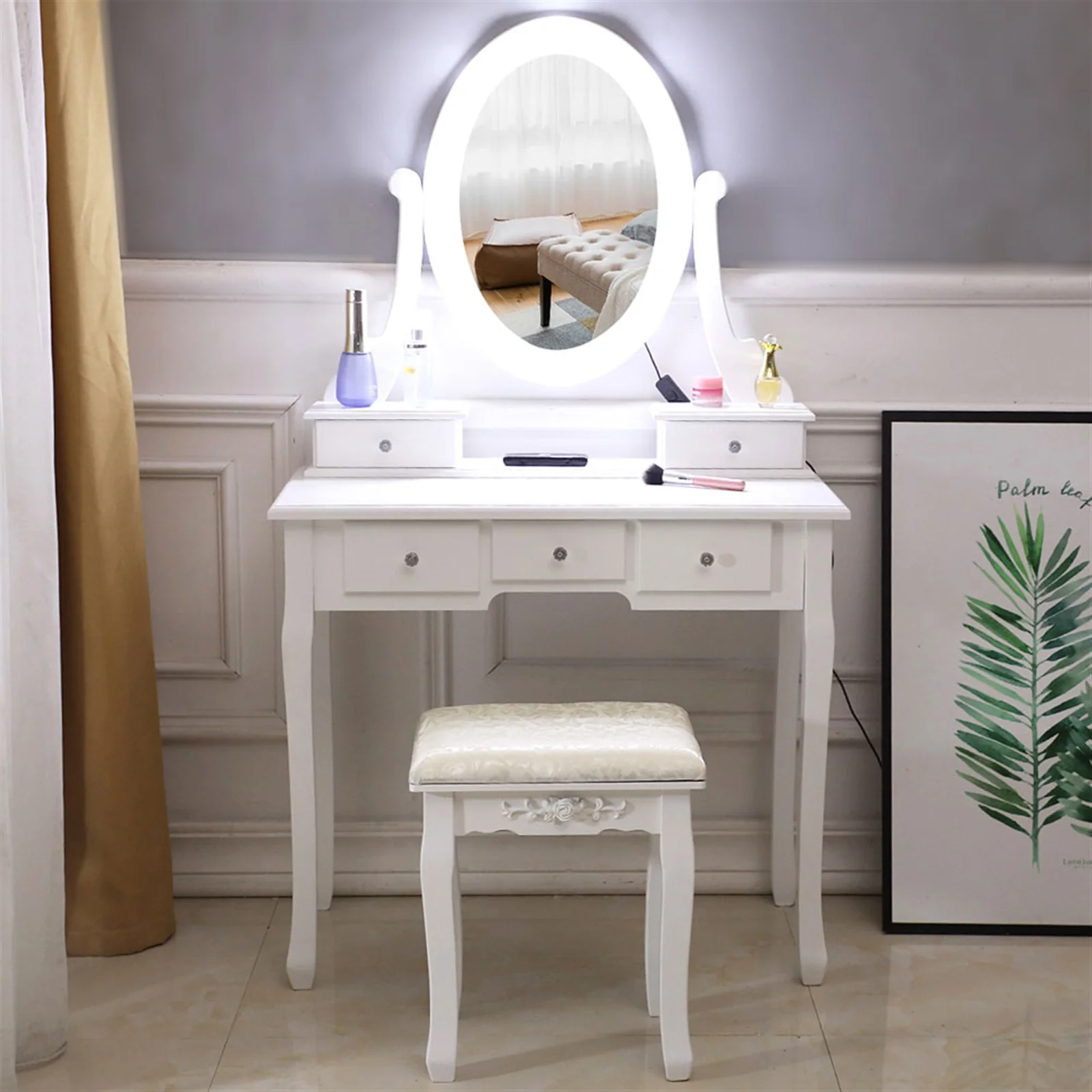 Smuxee Modern Vanity Table Set with Lighted Mirror,Makeup Vanity with 5 Drawers and Stool,Girls,White