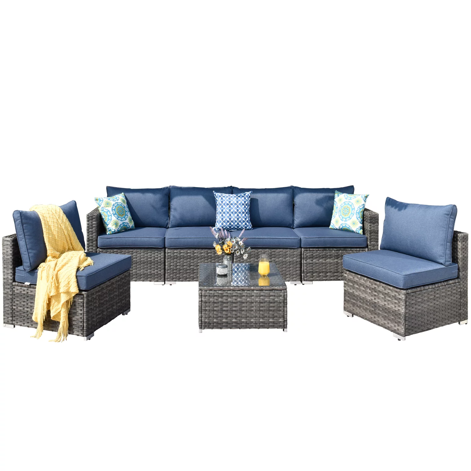 Ovios 7 Pieces Outdoor Patio Furniture Wicker Sectional Couch All-Weather Modular Conversation Sets for Backyard