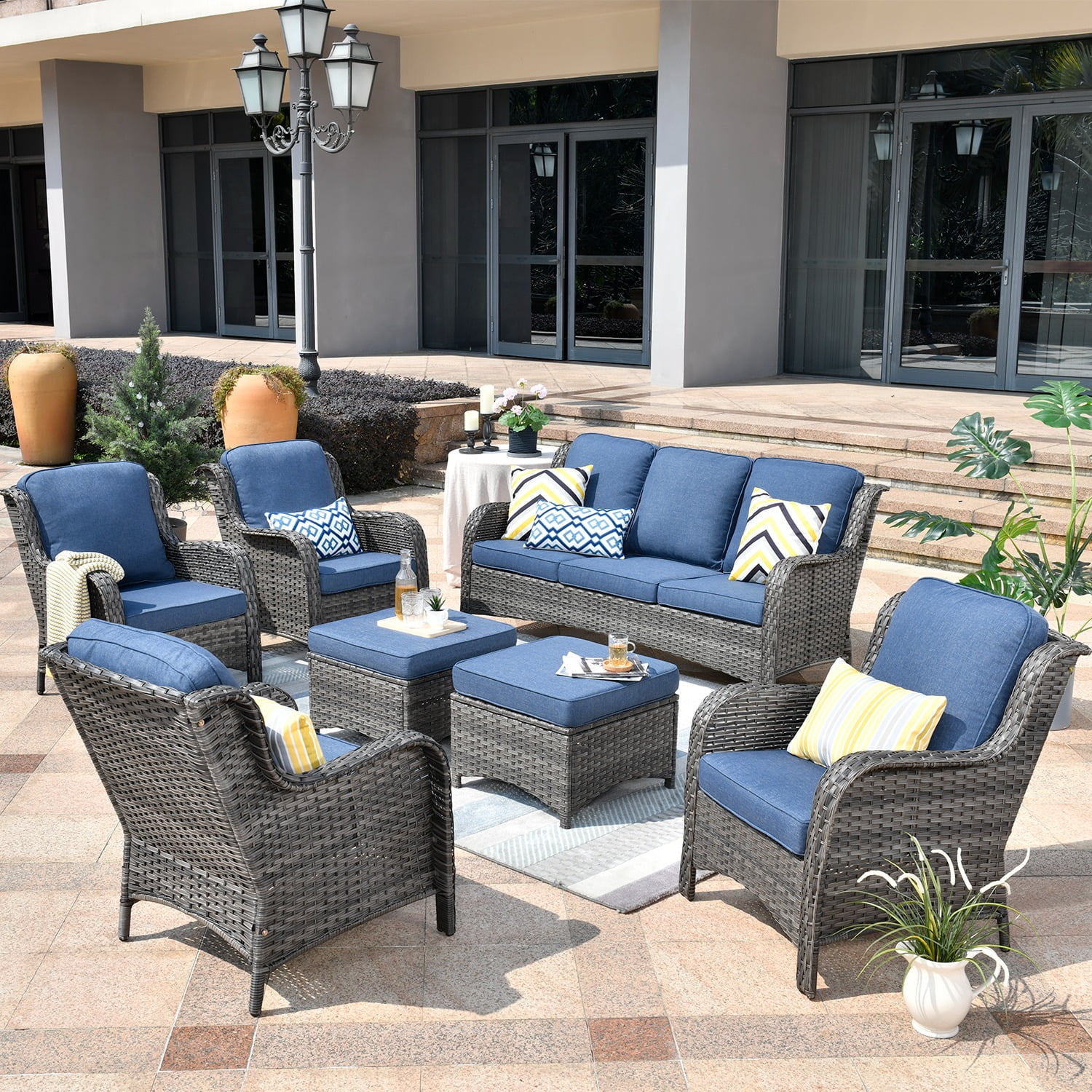 Ovios High-Back Patio Furniture 7 Pieces Outdoor Conversation Set Wicker Rattan Sectional Sofa for Backyard
